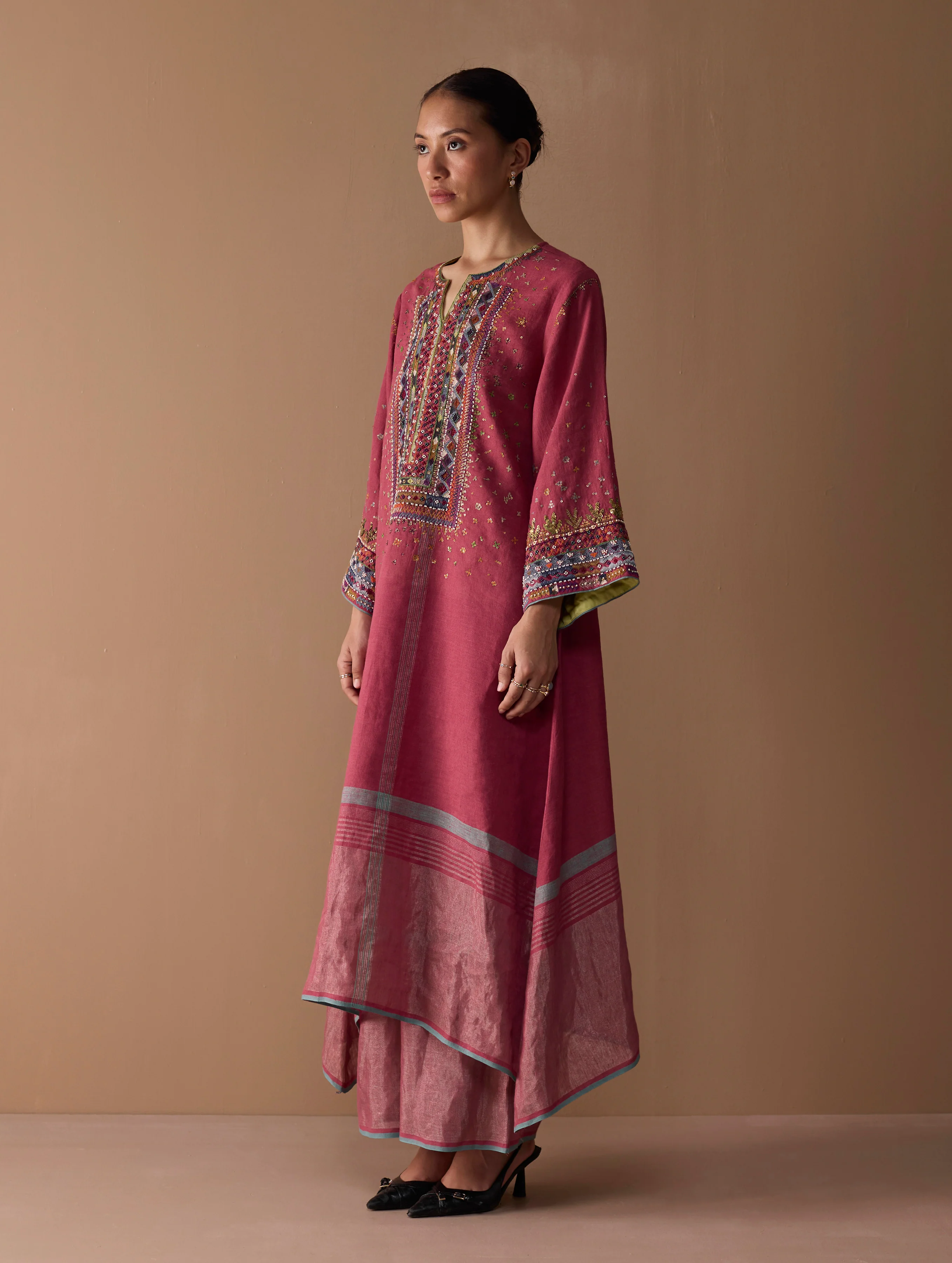 Mahra Hand-Embroidered Linen Kurta - Metallic Crimson - Image 9