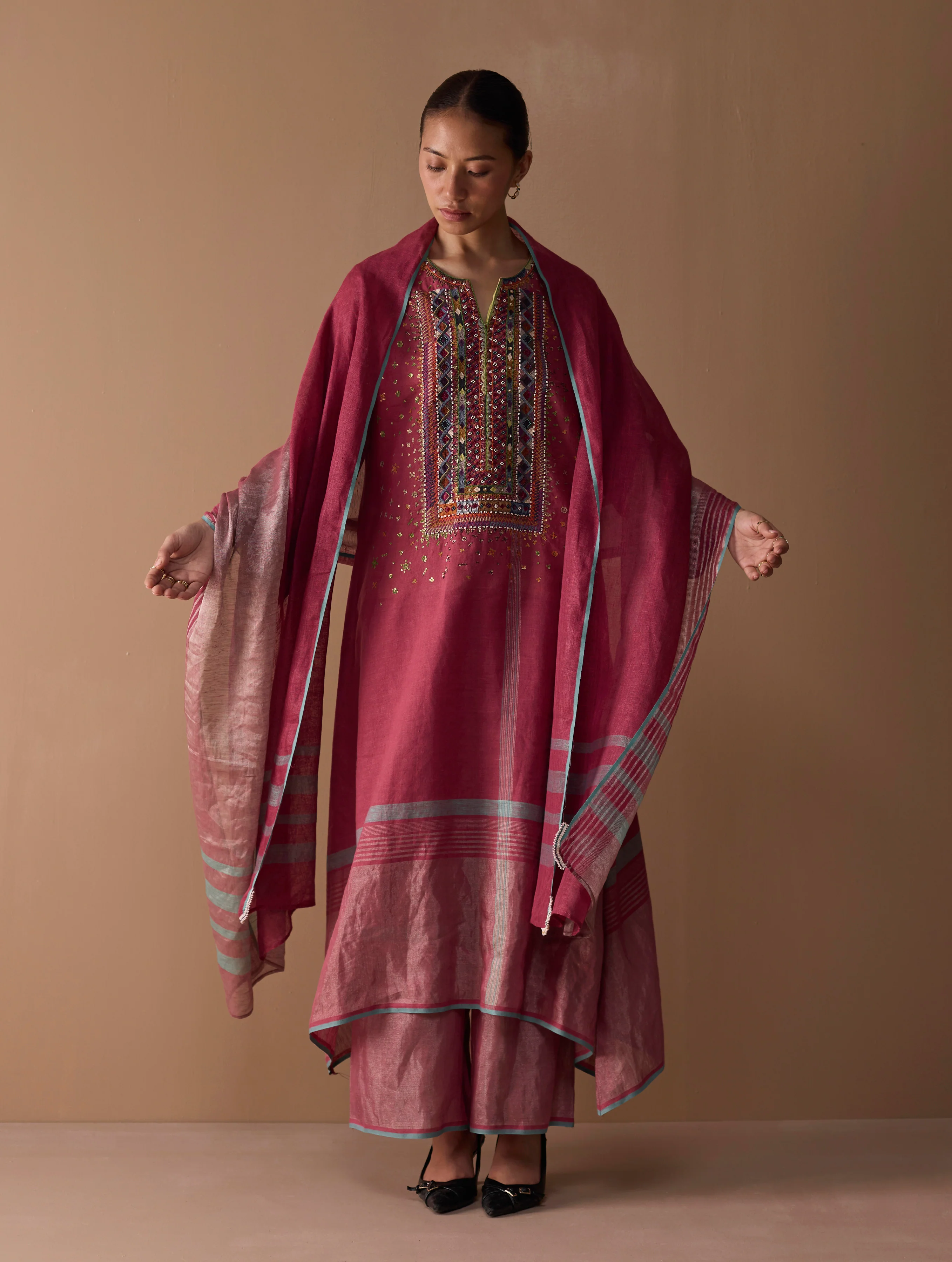 Mahra Hand-Embroidered Linen Kurta Set - Metallic Crimson
