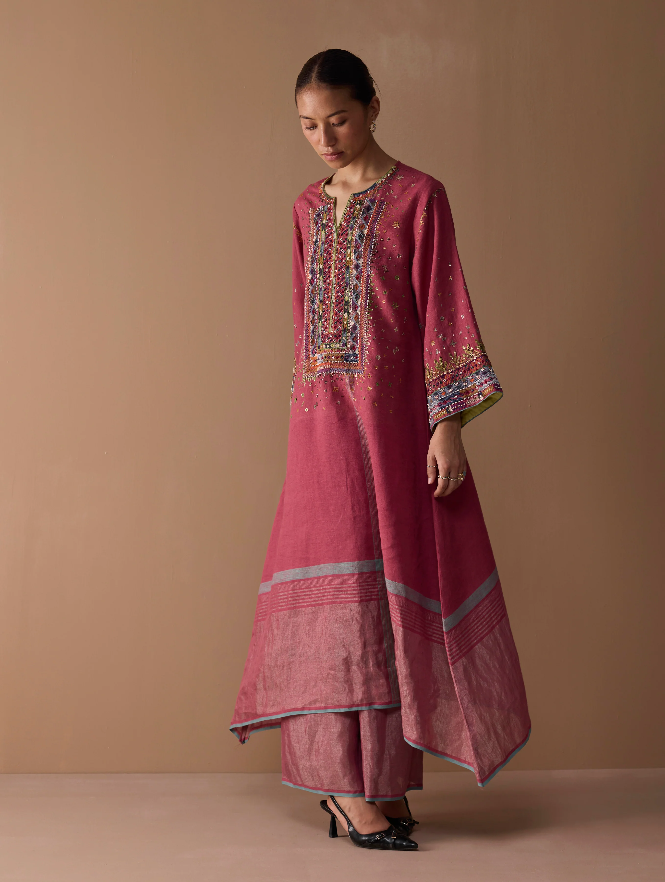 Mahra Hand-Embroidered Linen Kurta Set - Metallic Crimson - Image 10