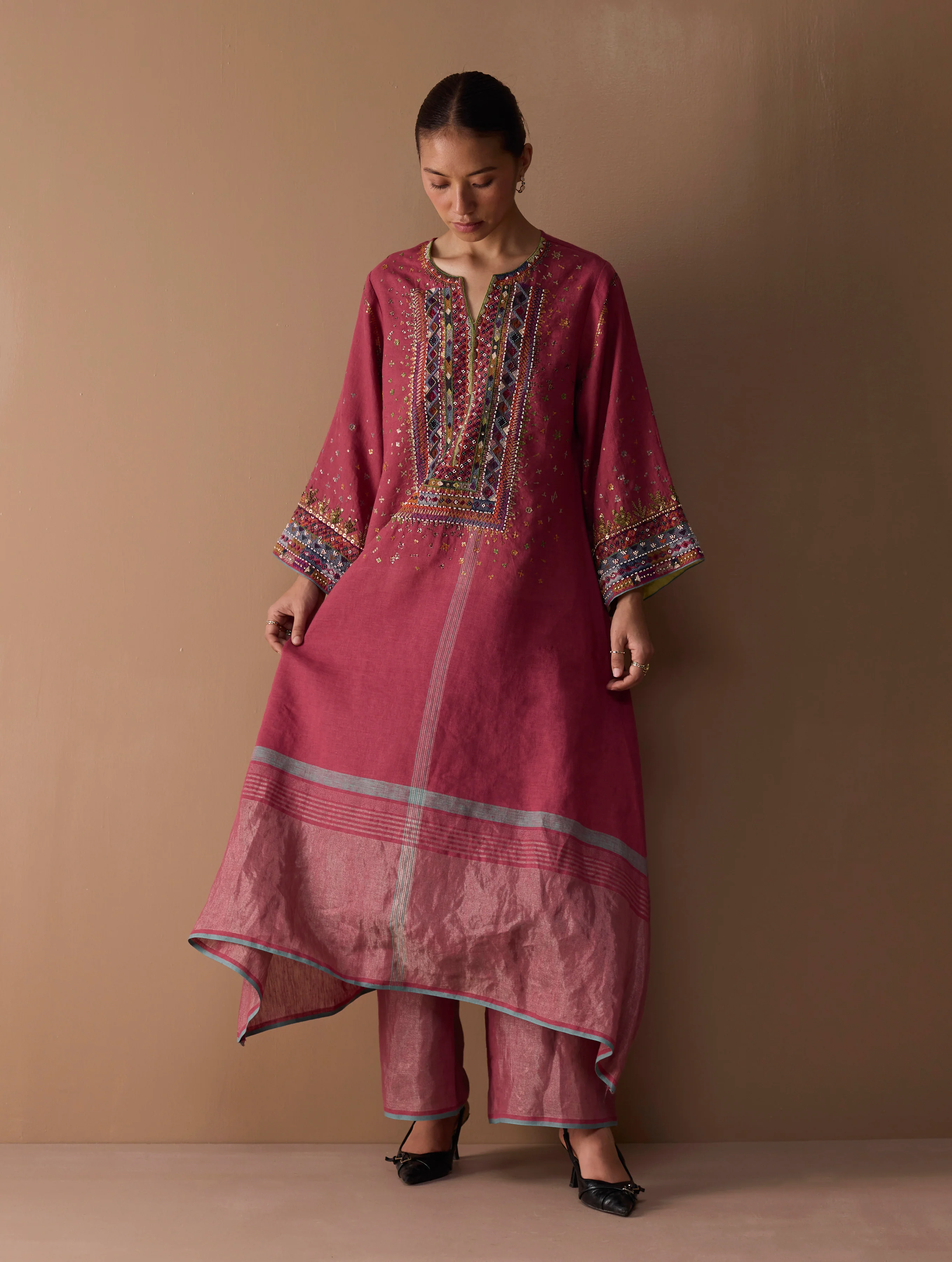 Mahra Hand-Embroidered Linen Kurta Set - Metallic Crimson - Image 11