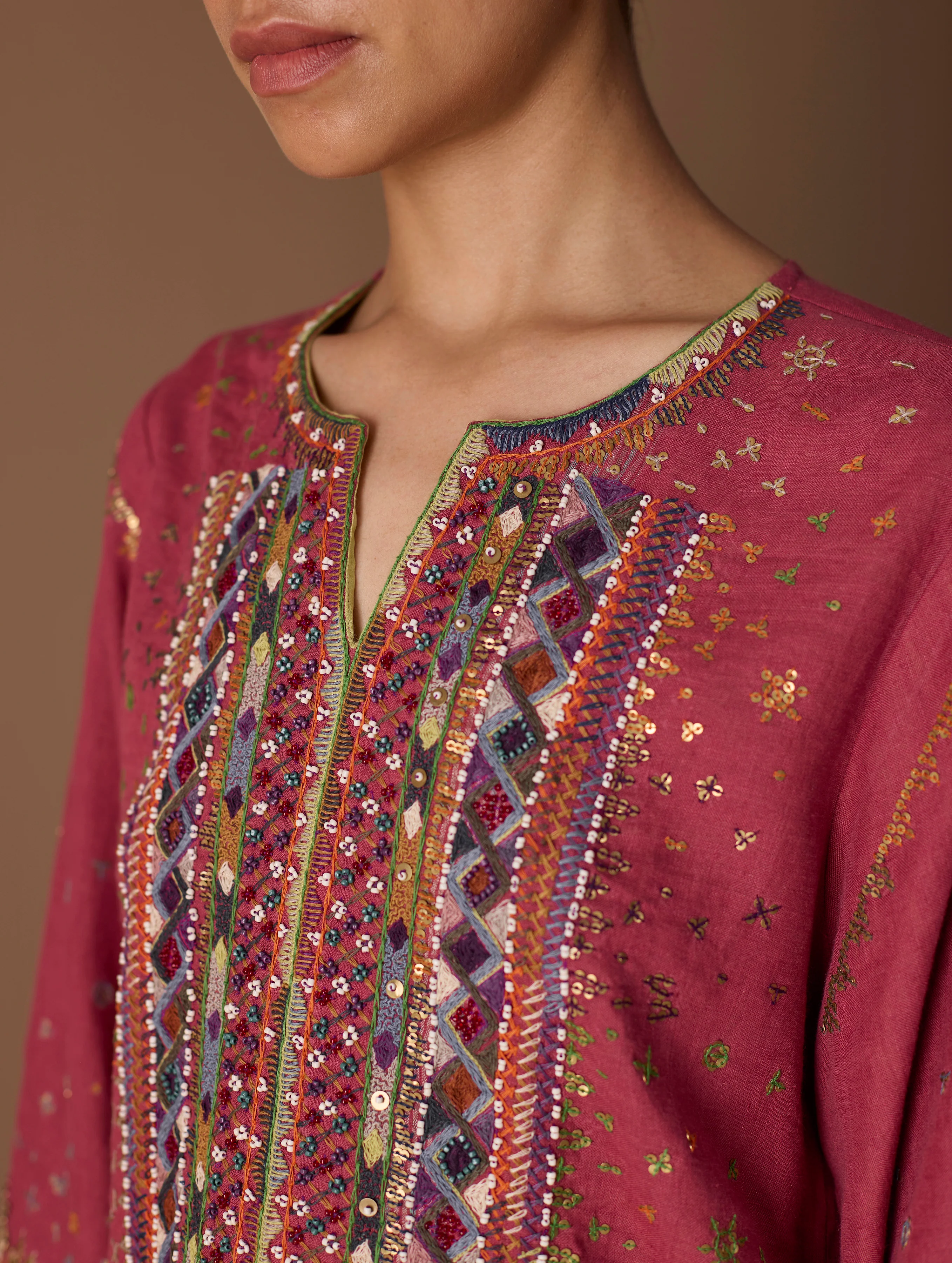 Mahra Hand-Embroidered Linen Kurta Set - Metallic Crimson - Image 12