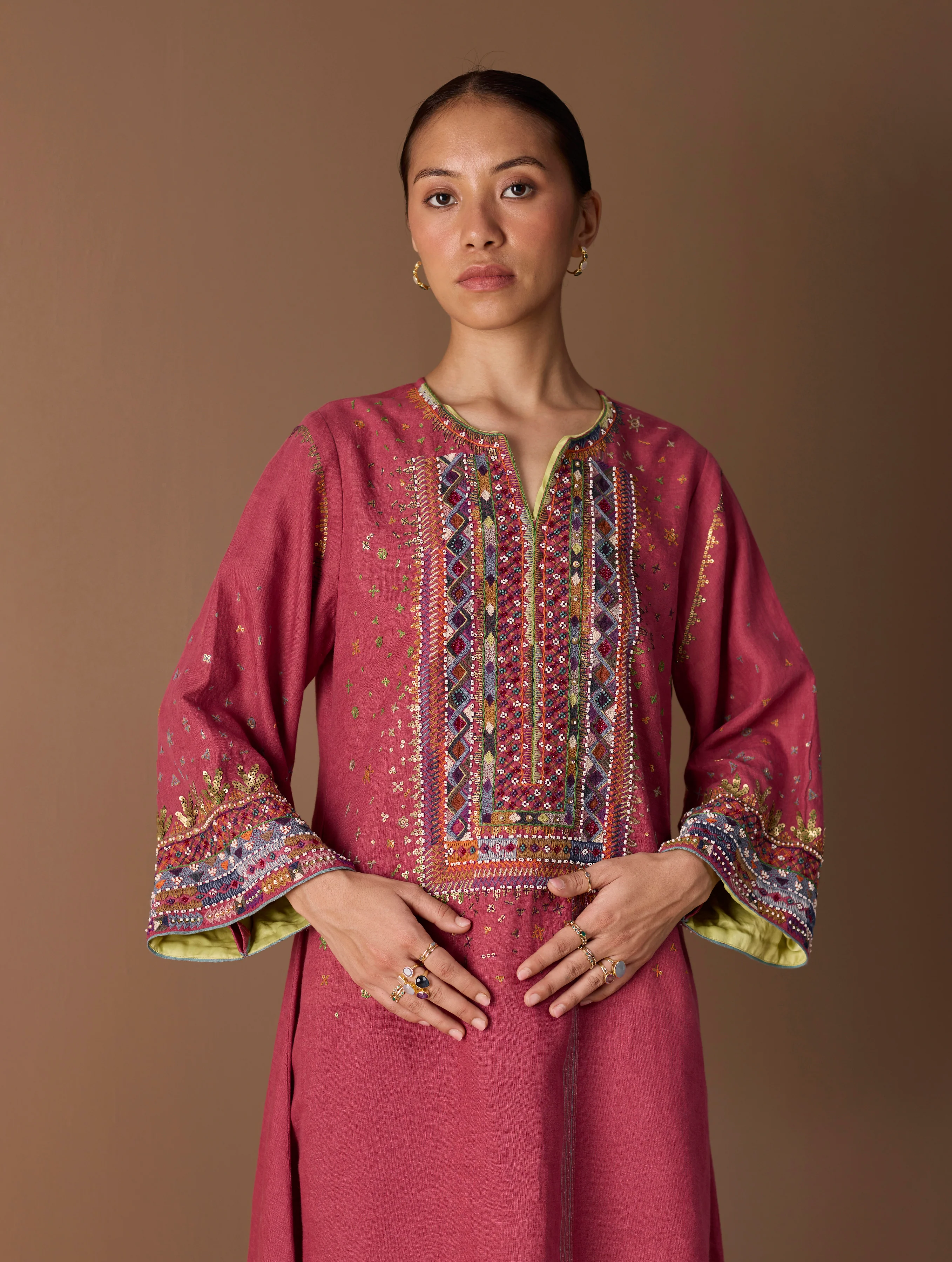 Mahra Hand-Embroidered Linen Kurta Set - Metallic Crimson - Image 15