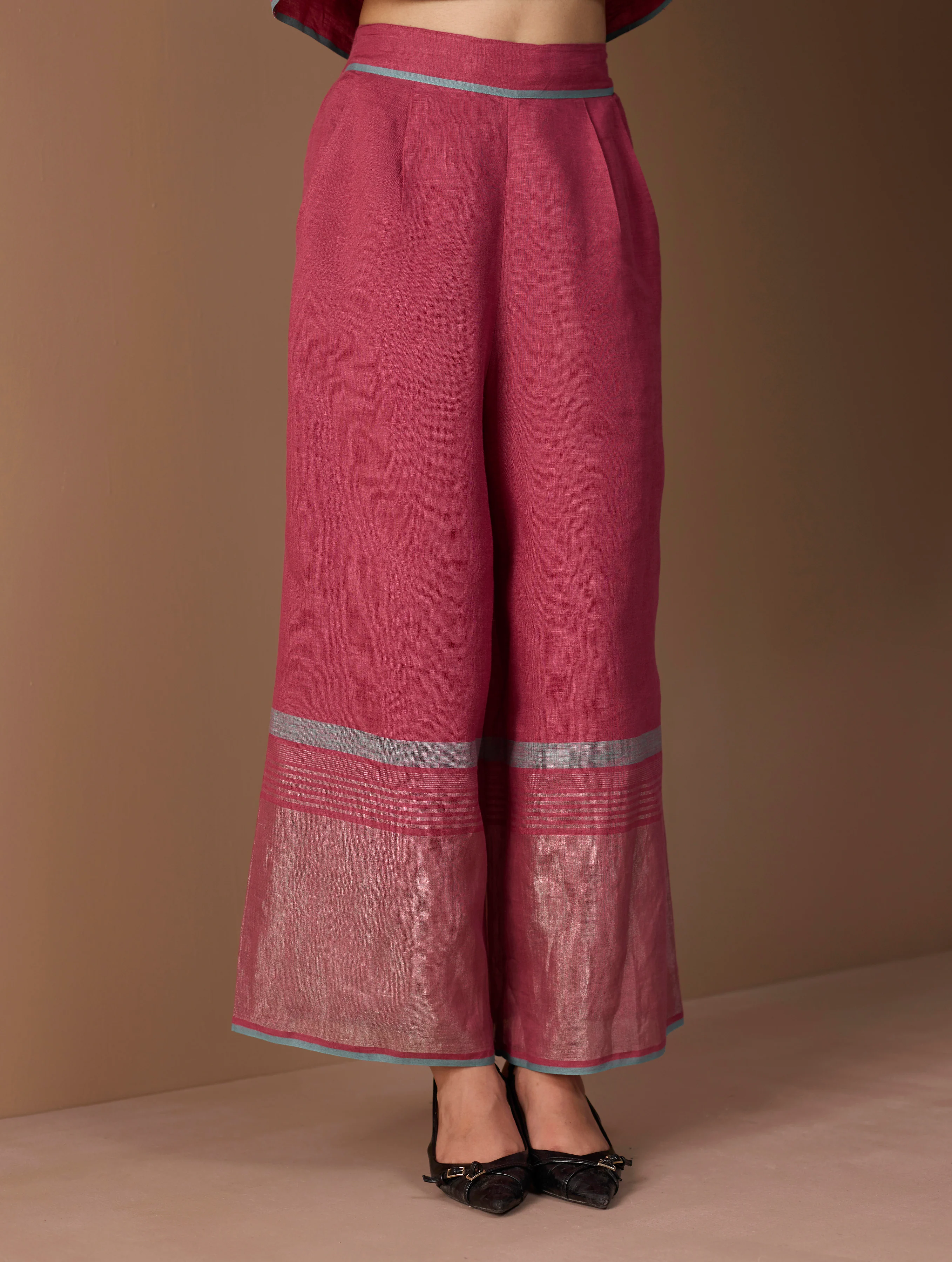 Mahra Hand-Embroidered Linen Kurta Set - Metallic Crimson - Image 16
