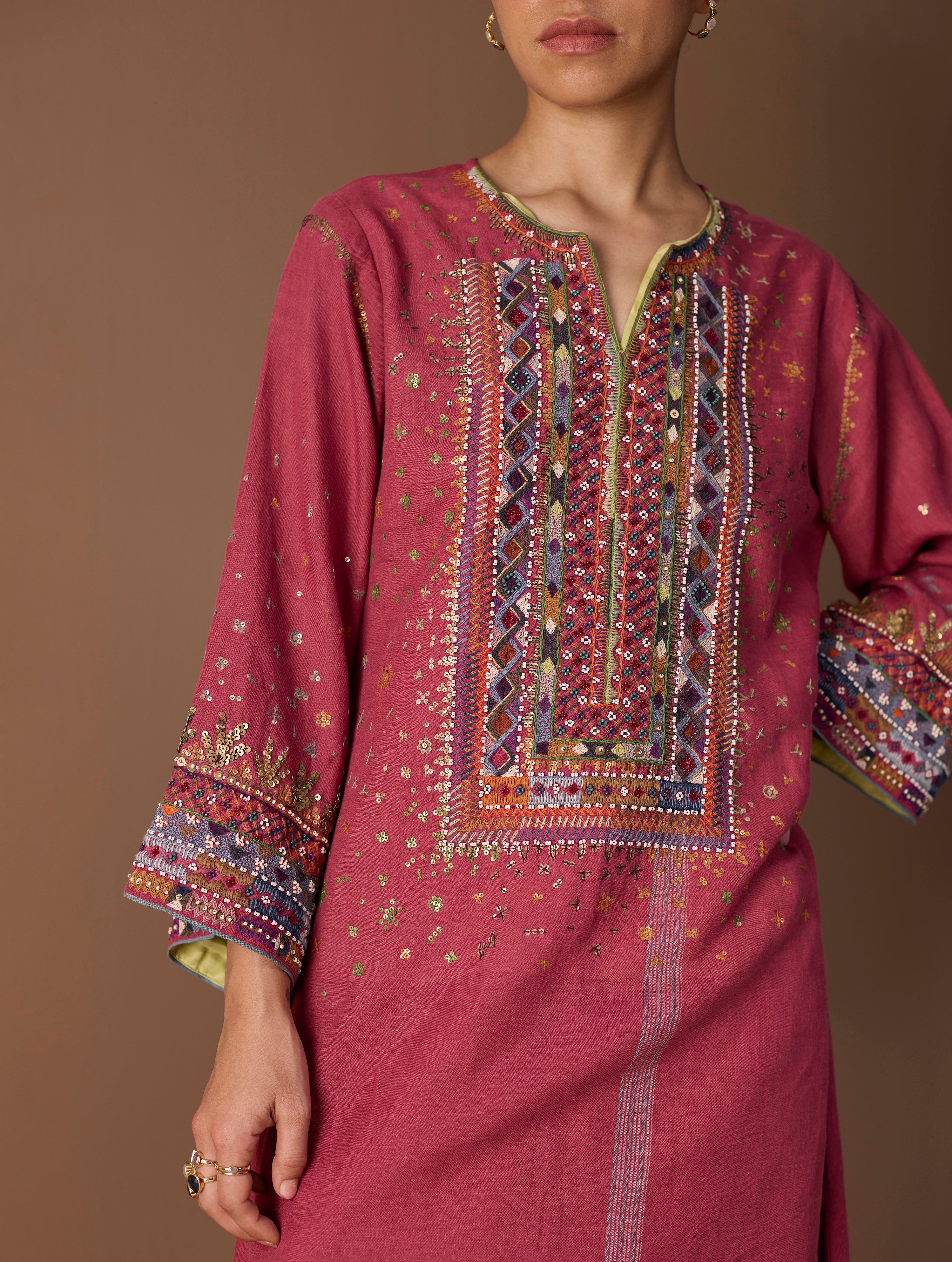 Mahra Hand-Embroidered Linen Kurta Set - Metallic Crimson - Image 5
