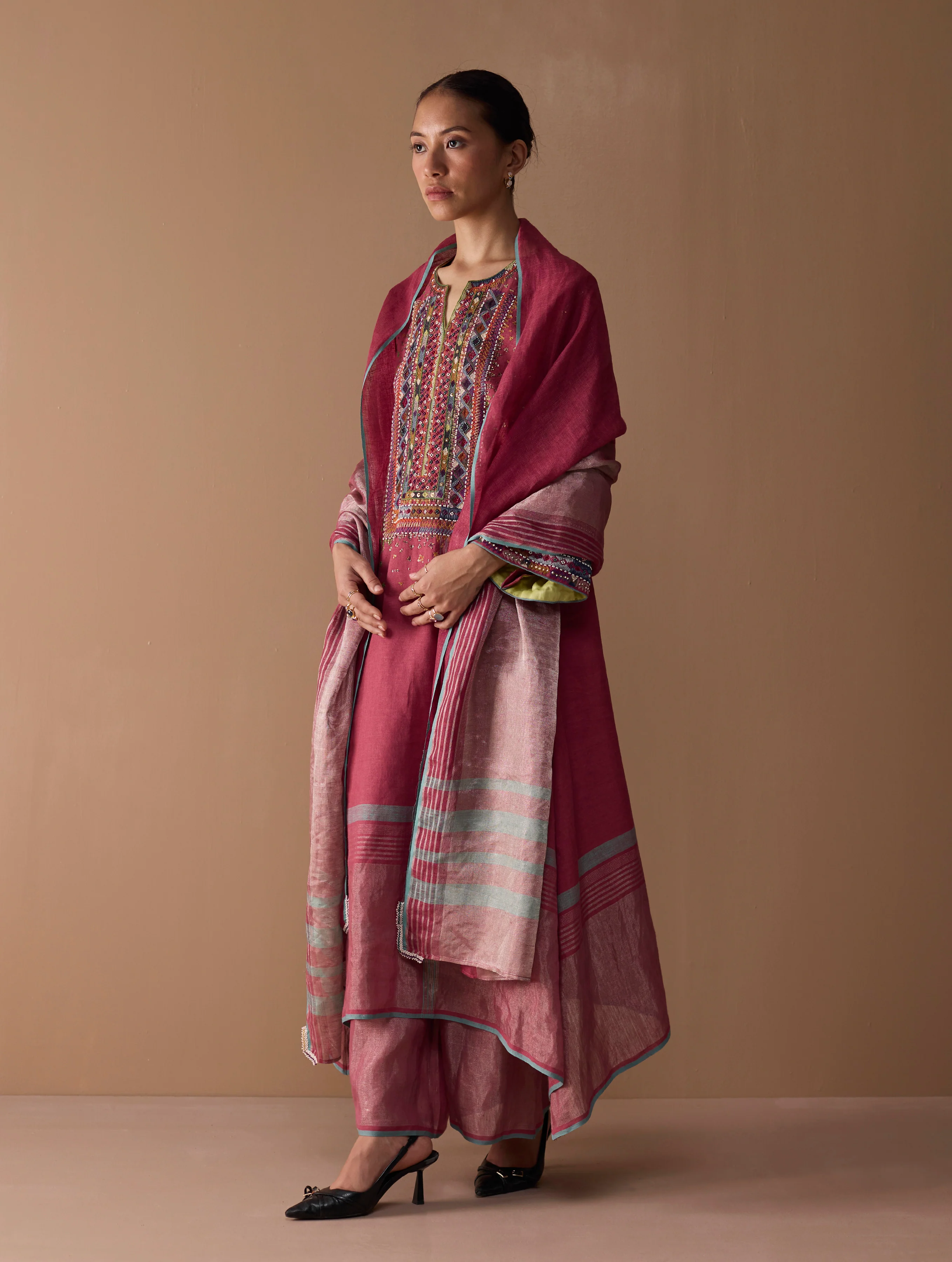 Mahra Hand-Embroidered Linen Kurta Set - Metallic Crimson - Image 6
