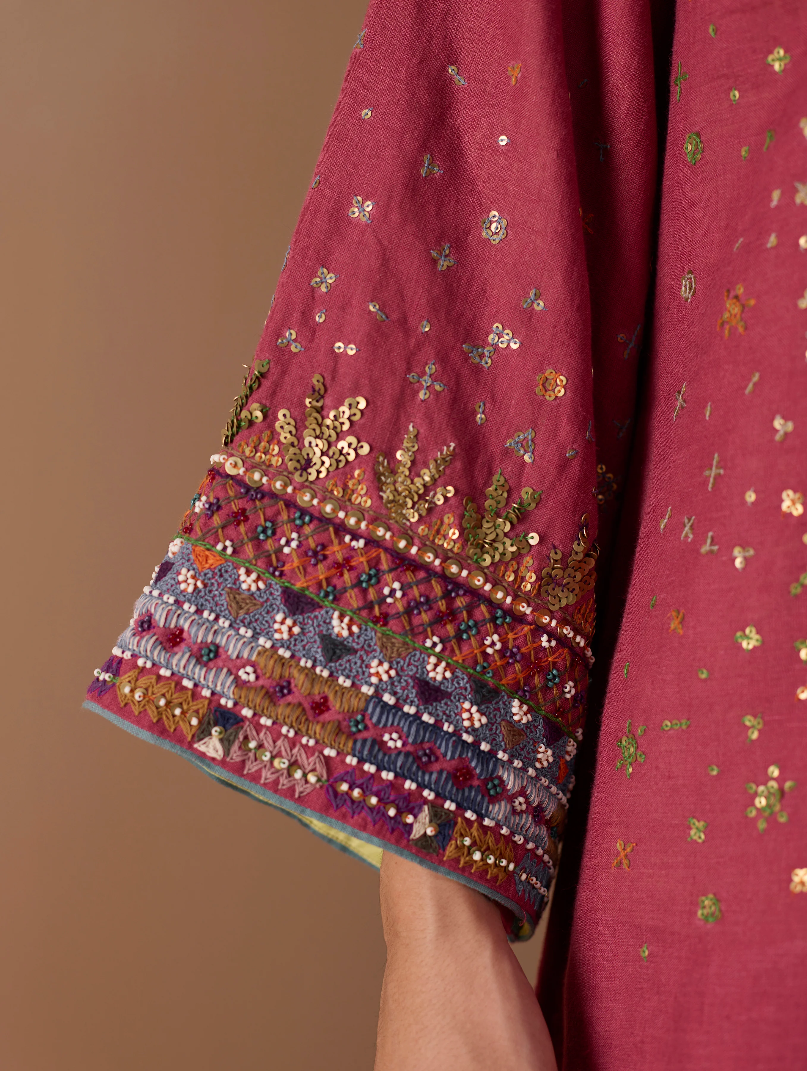 Mahra Hand-Embroidered Linen Kurta Set - Metallic Crimson - Image 7
