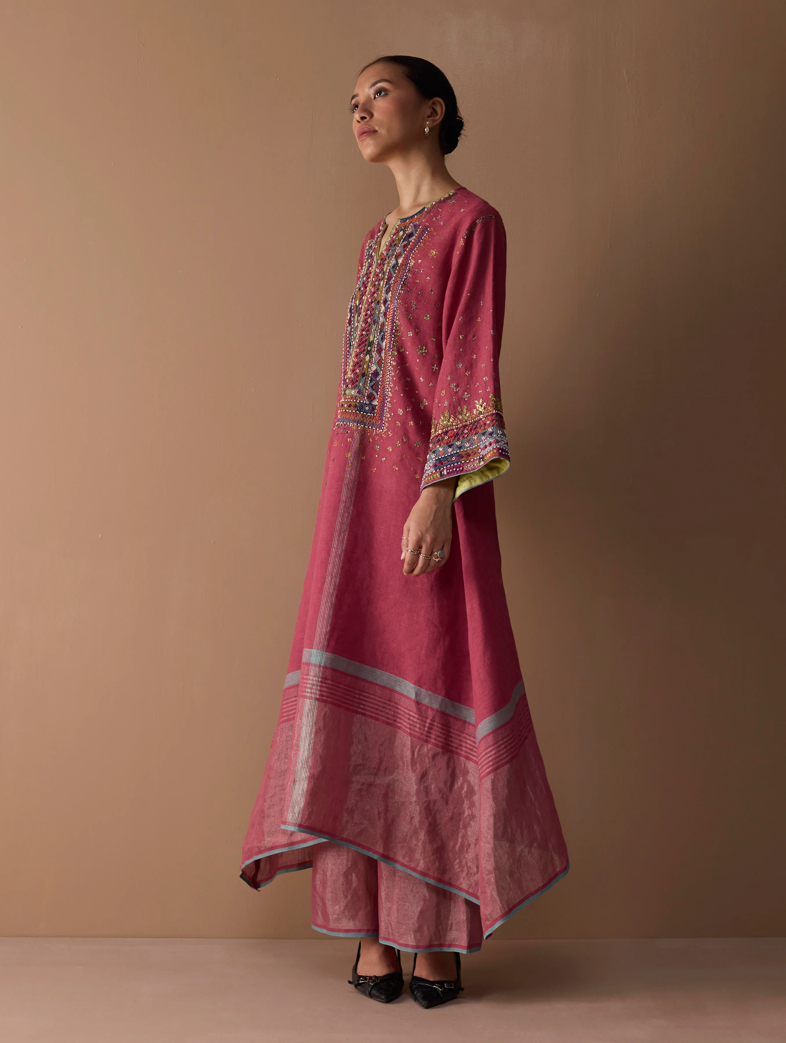 Mahra Hand-Embroidered Linen Kurta Set - Metallic Crimson - Image 8