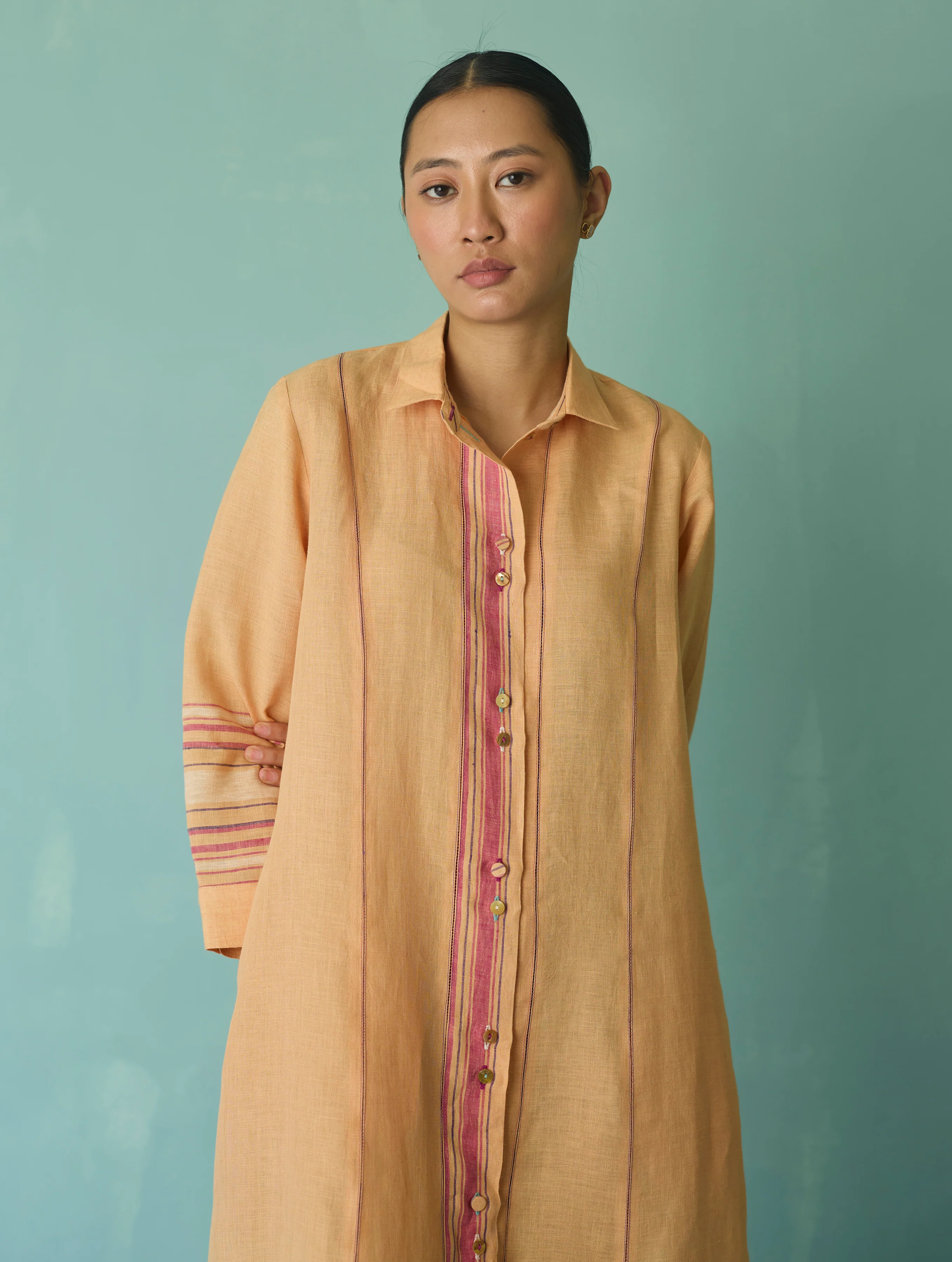 Manara Paneled Border Linen Shirt Dress - Apricot - Image 2