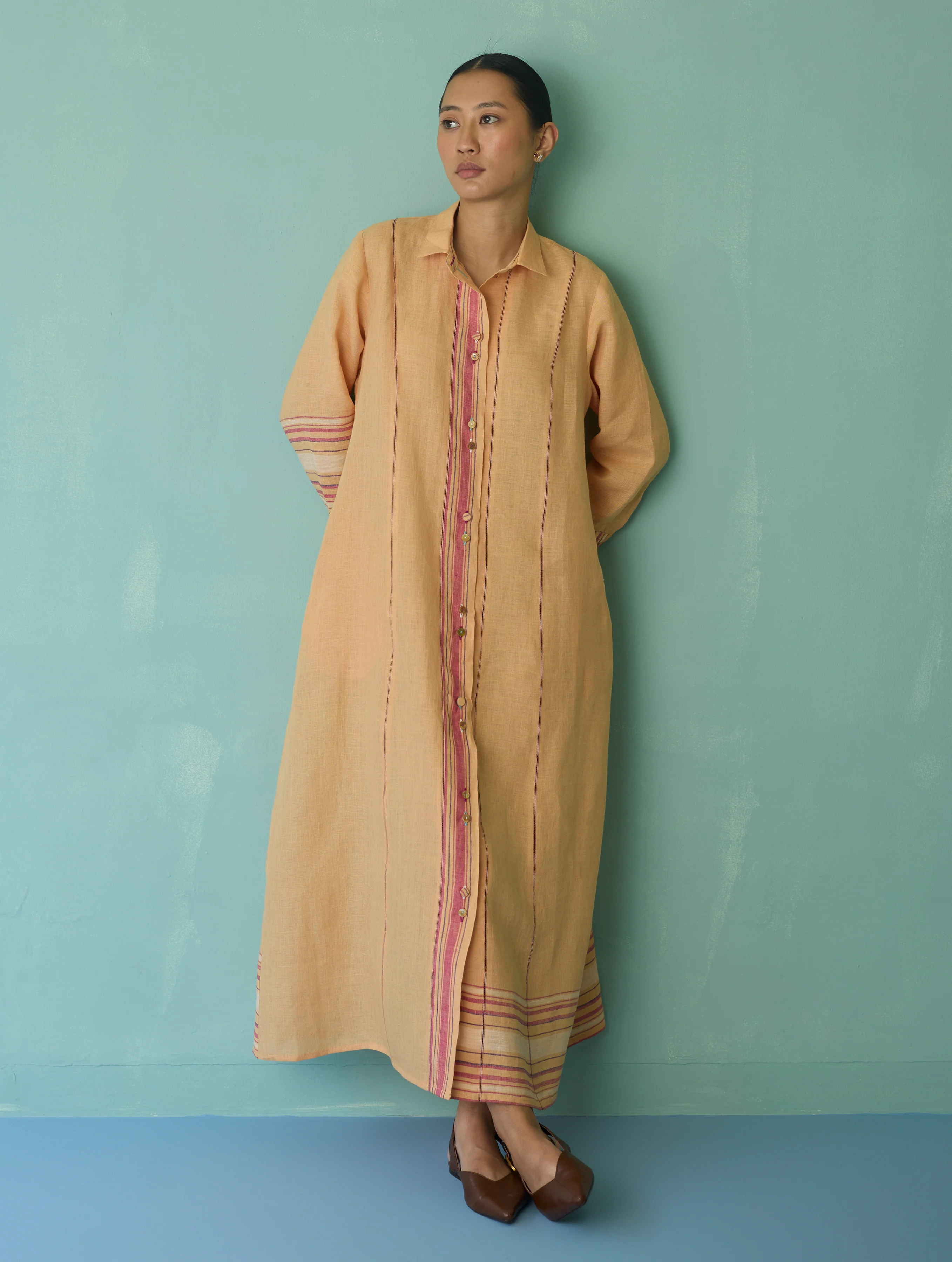 Manara Paneled Border Linen Shirt Dress - Apricot - Image 3