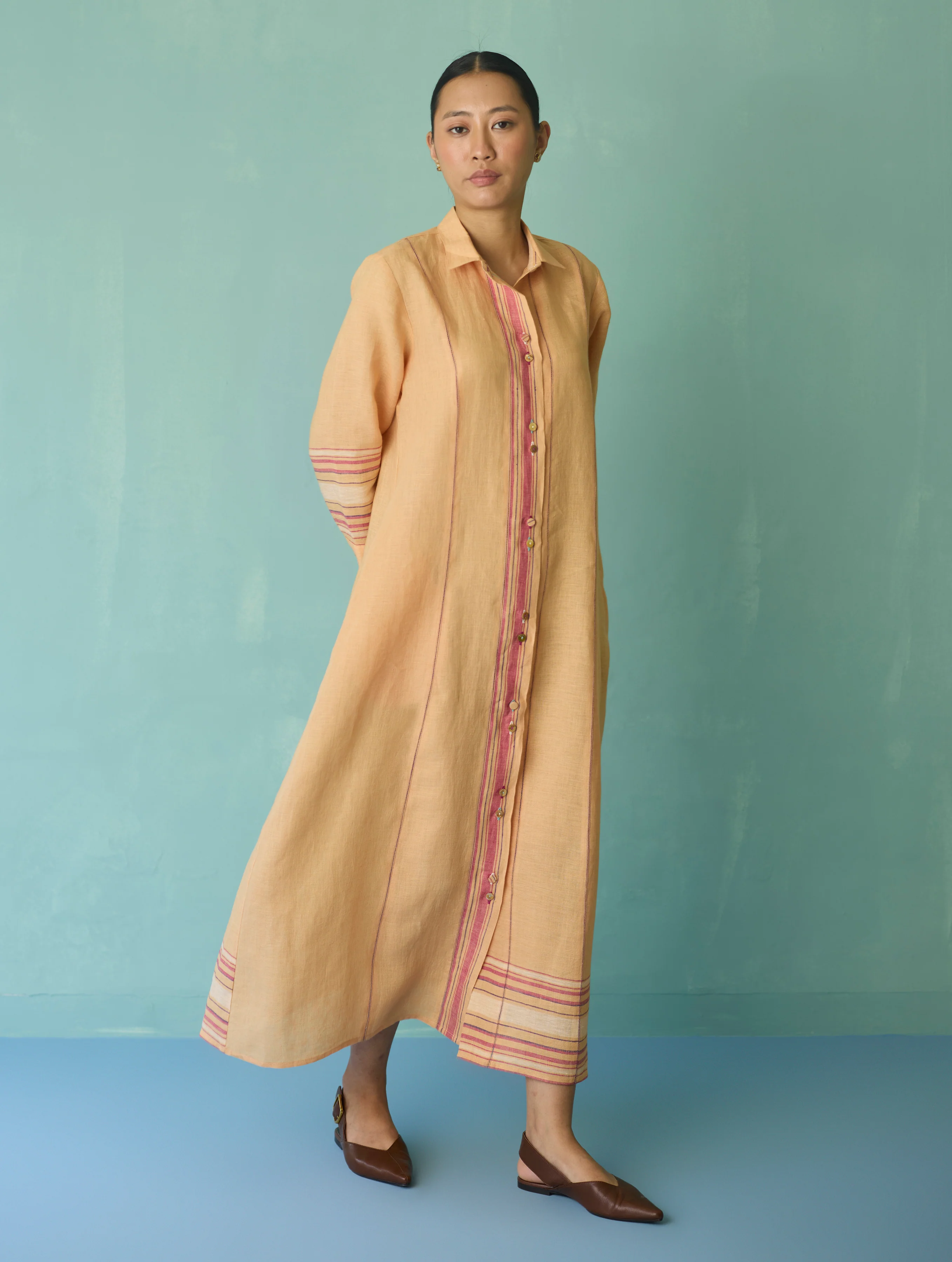 Manara Paneled Border Linen Shirt Dress - Apricot - Image 5