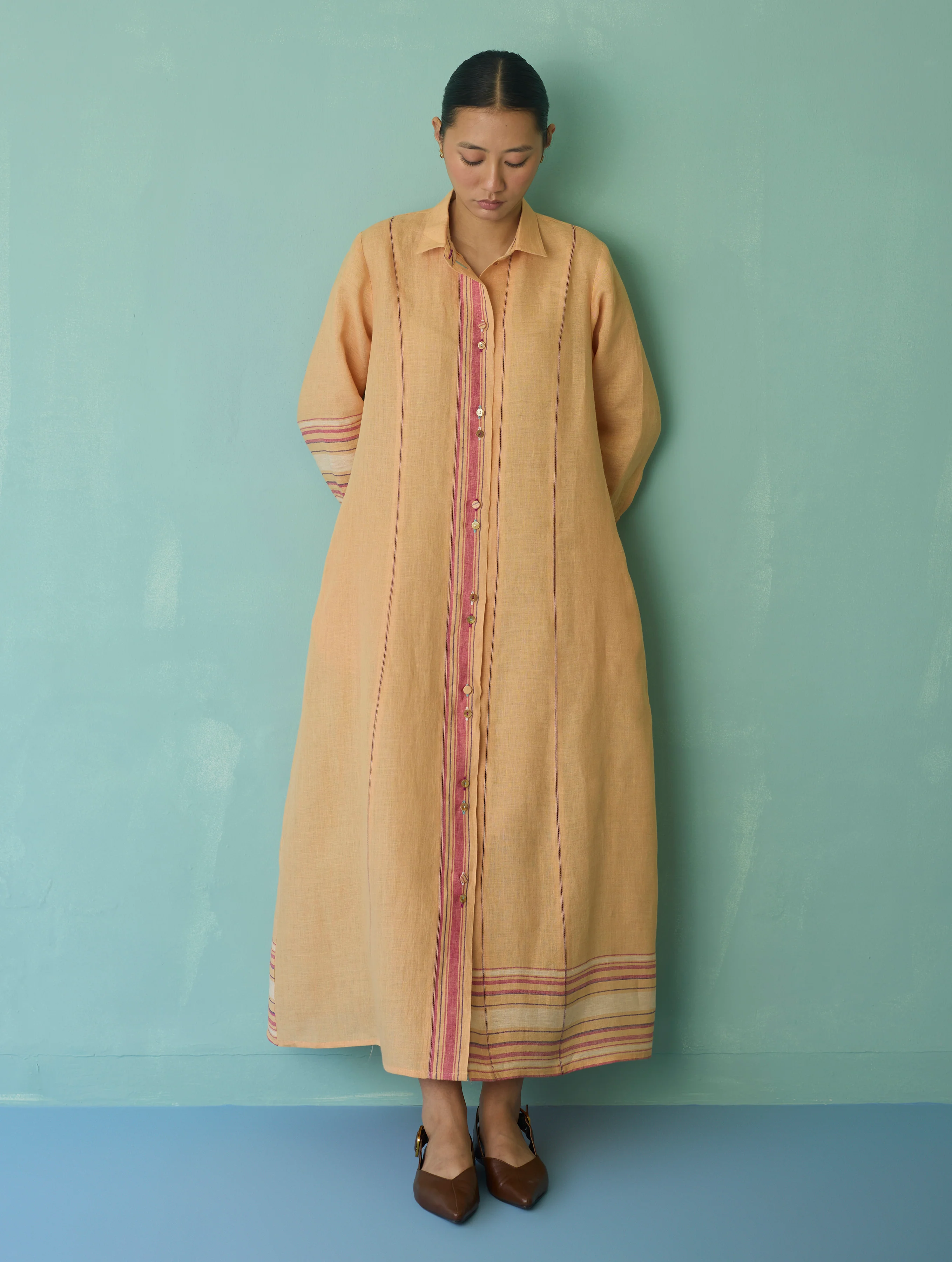Manara Paneled Border Linen Shirt Dress - Apricot - Image 6