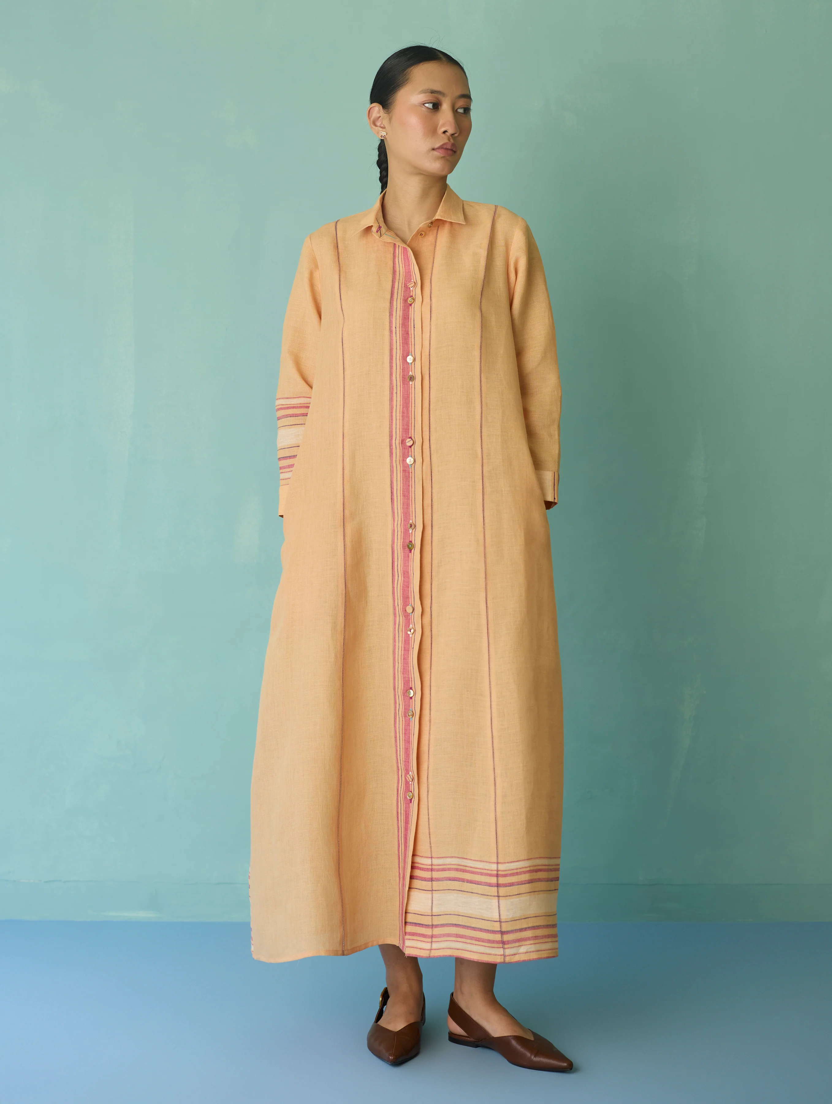 Manara Paneled Border Linen Shirt Dress - Apricot - Image 8