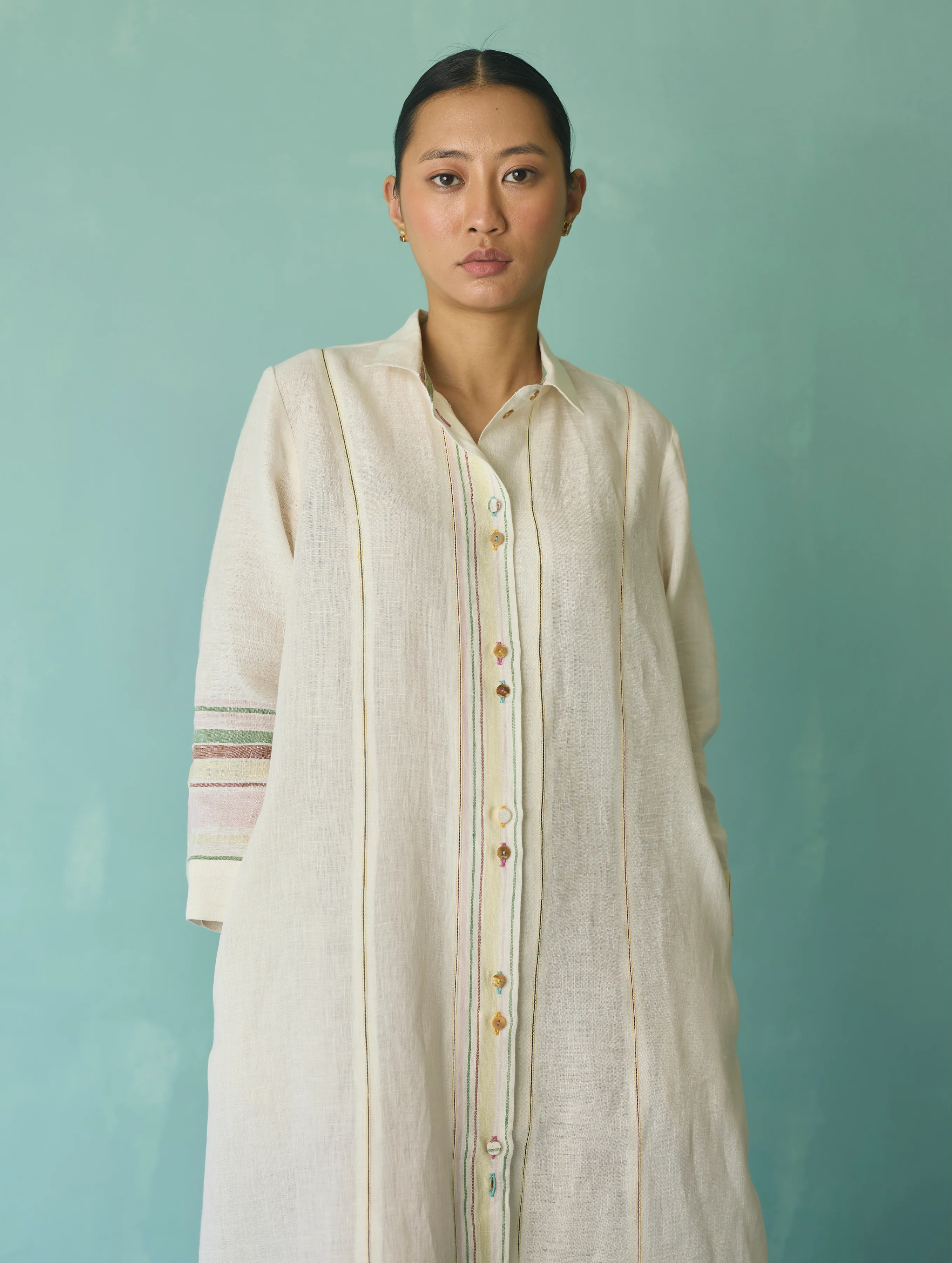 Manara Paneled Border Linen Shirt Dress - Ivory - Image 10