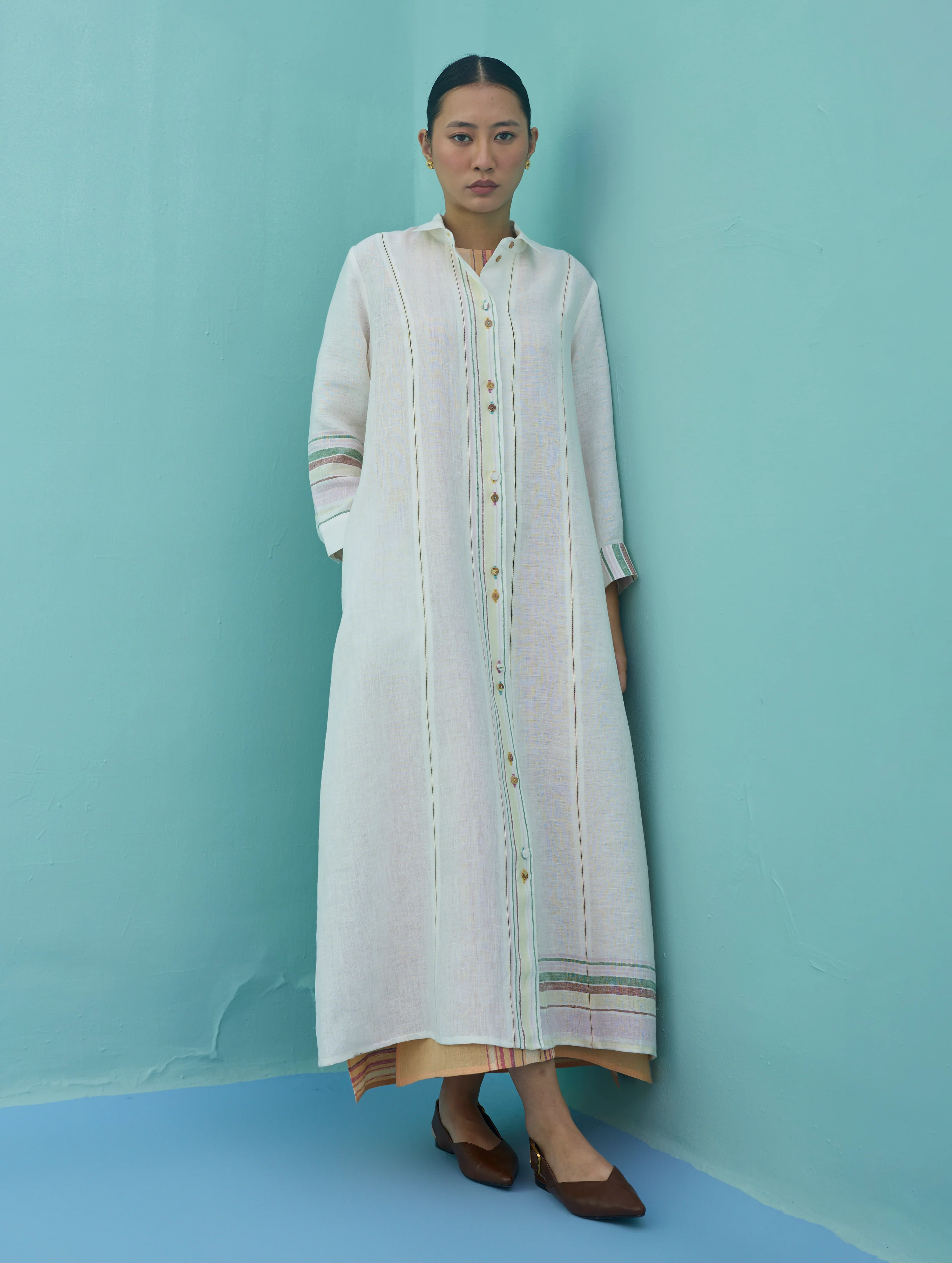 Manara Paneled Border Linen Shirt Dress - Ivory - Image 2