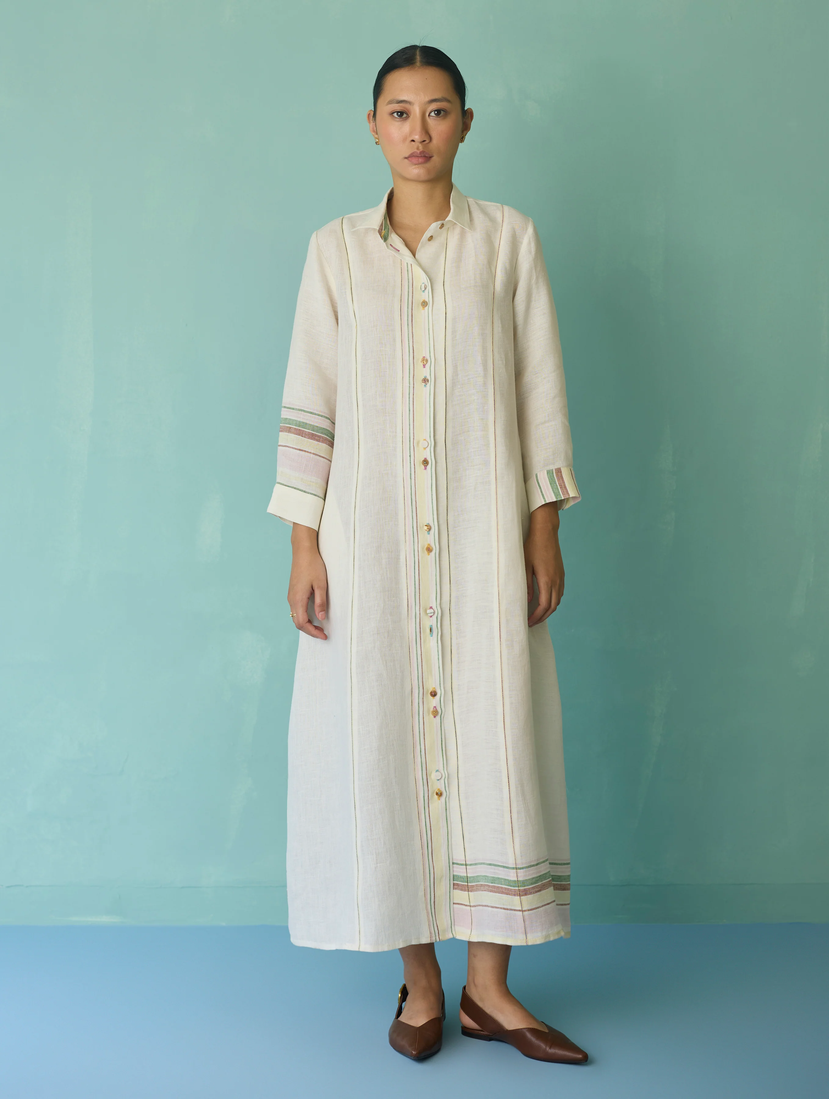 Manara Paneled Border Linen Shirt Dress - Ivory - Image 3