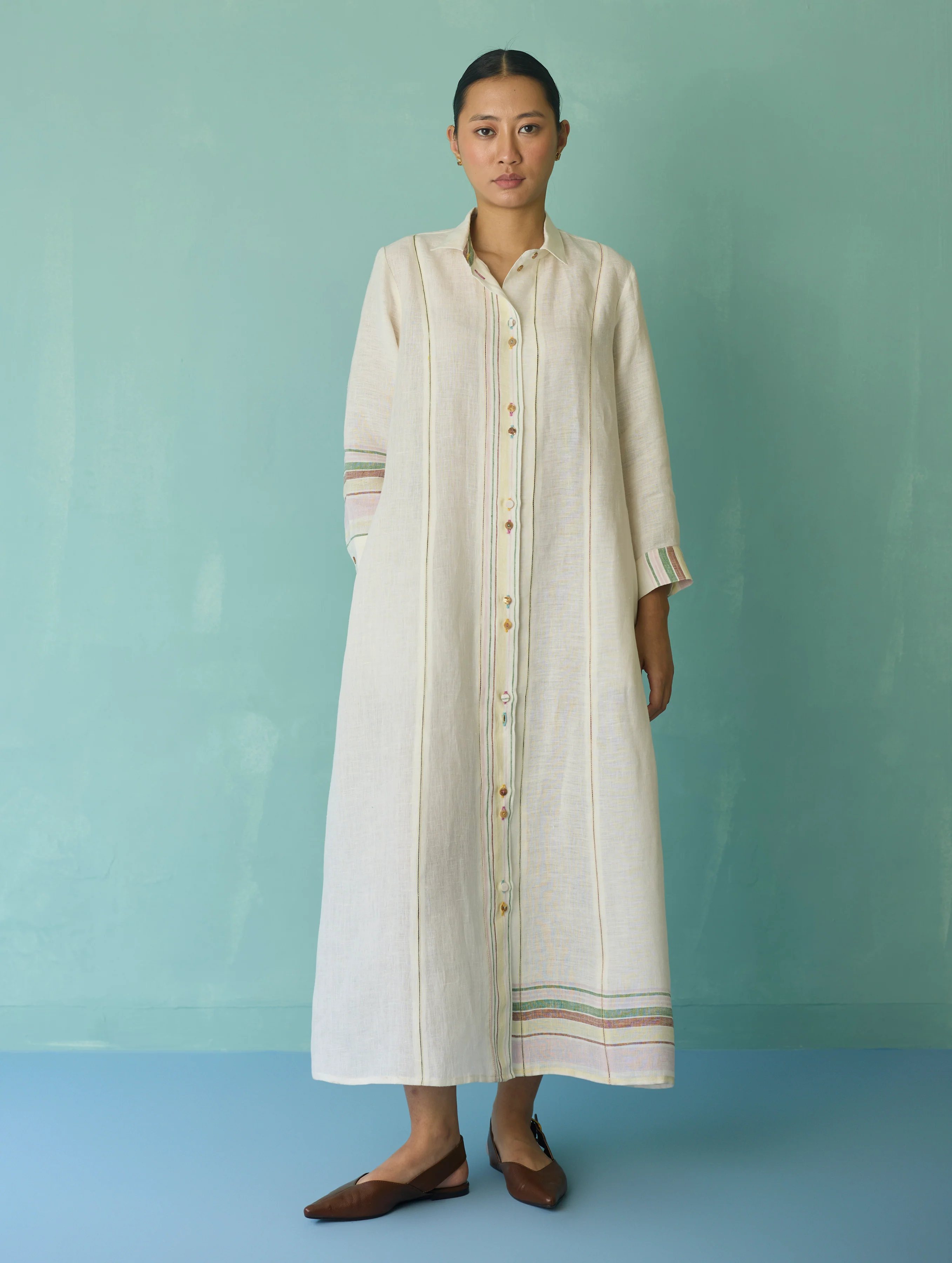Manara Paneled Border Linen Shirt Dress - Ivory - Image 4
