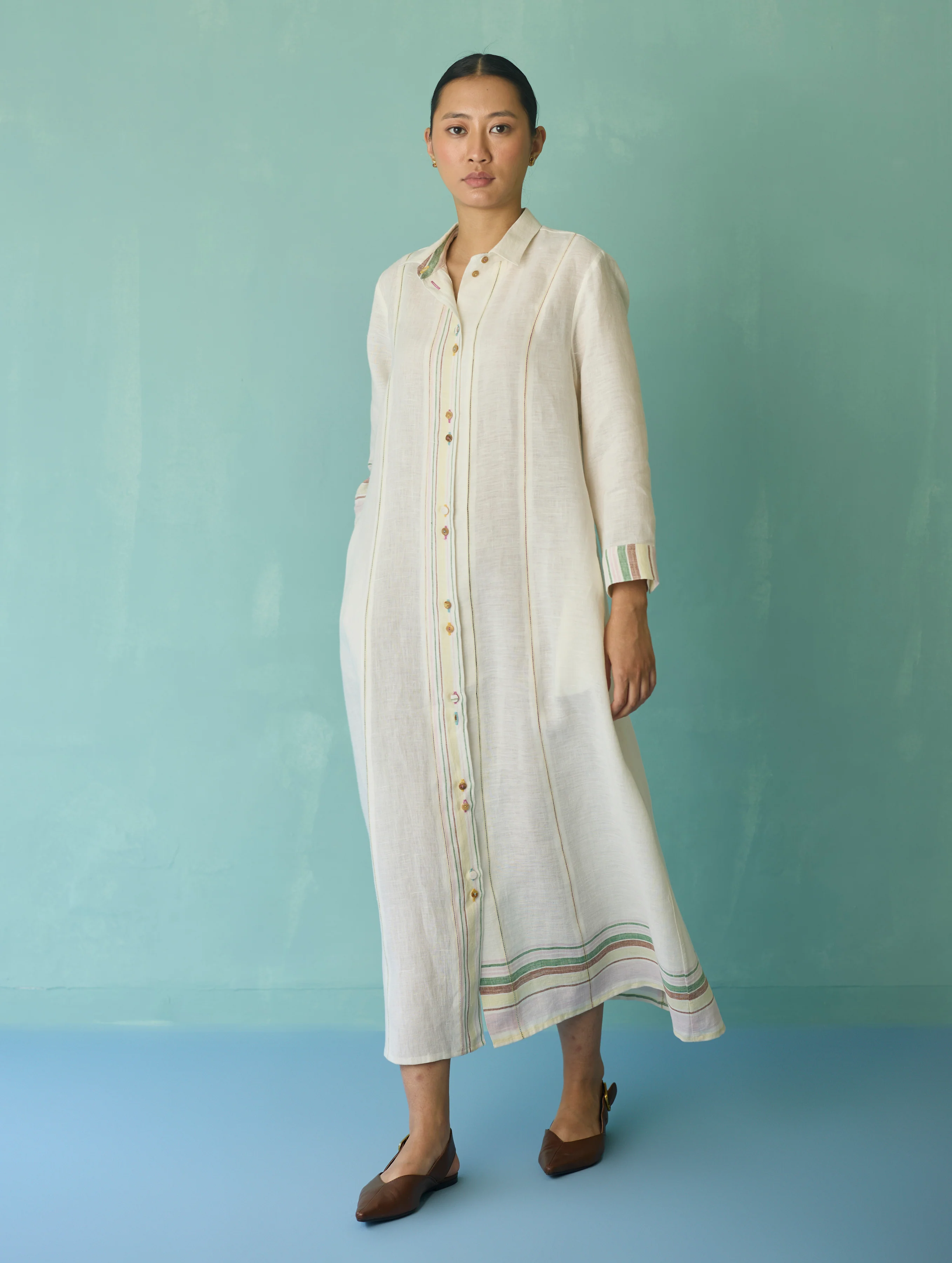 Manara Paneled Border Linen Shirt Dress - Ivory - Image 5