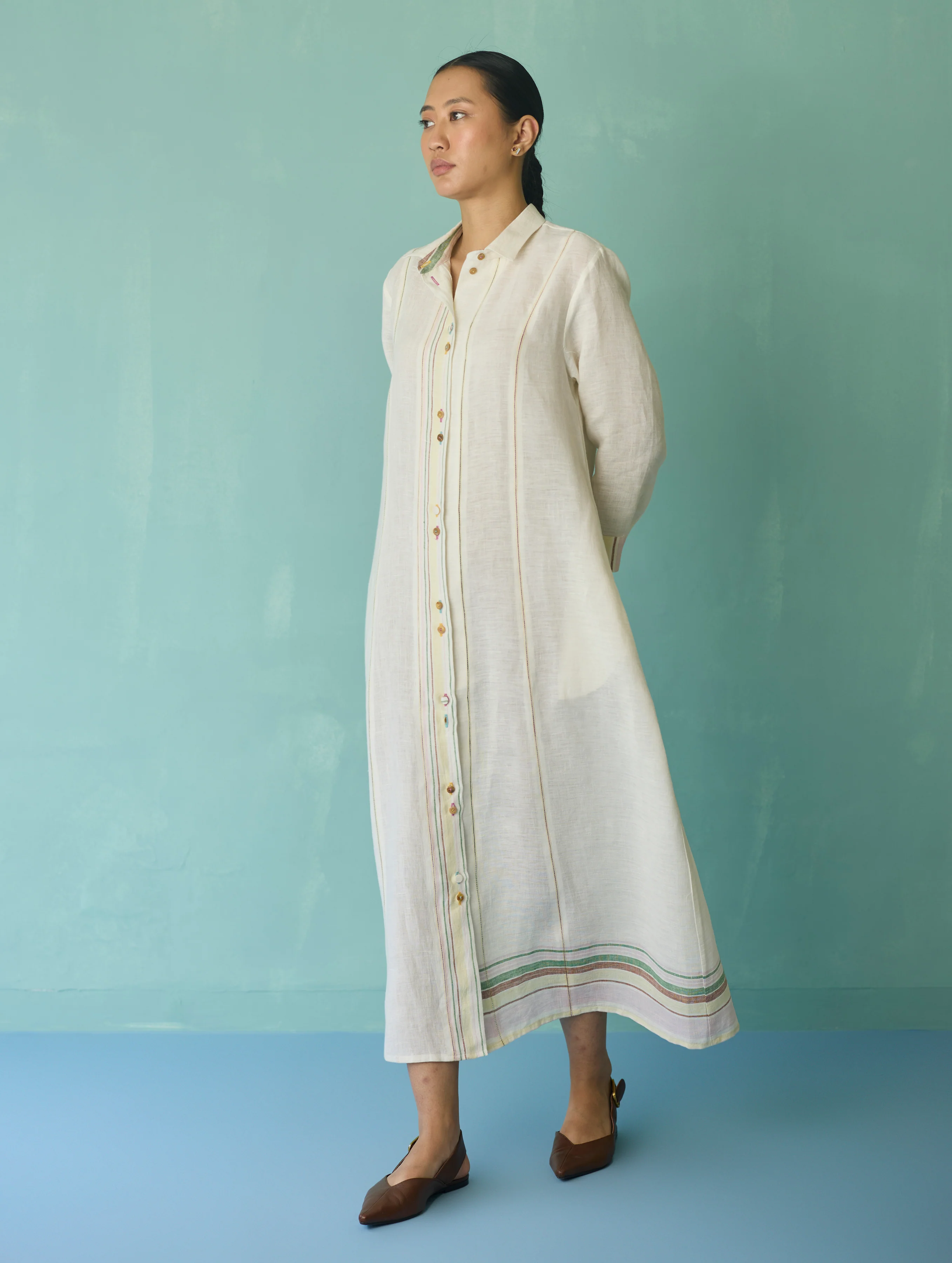 Manara Paneled Border Linen Shirt Dress - Ivory - Image 6