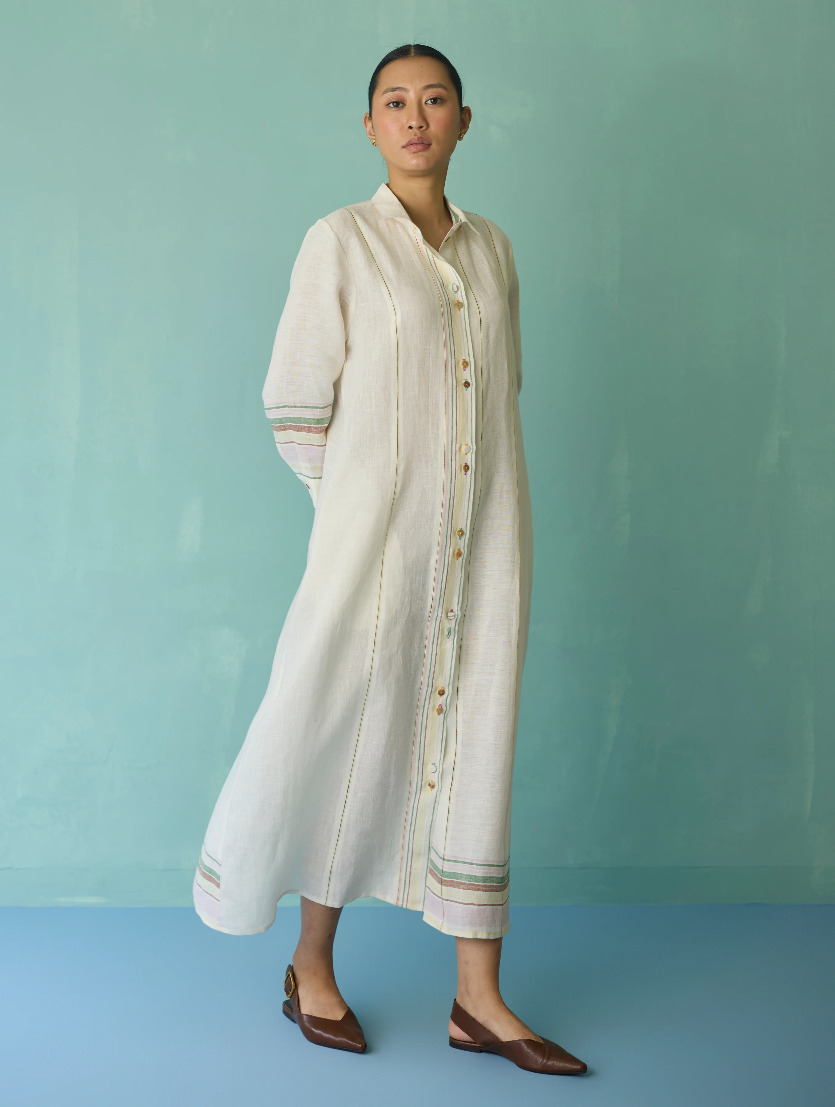 Manara Paneled Border Linen Shirt Dress - Ivory - Image 7