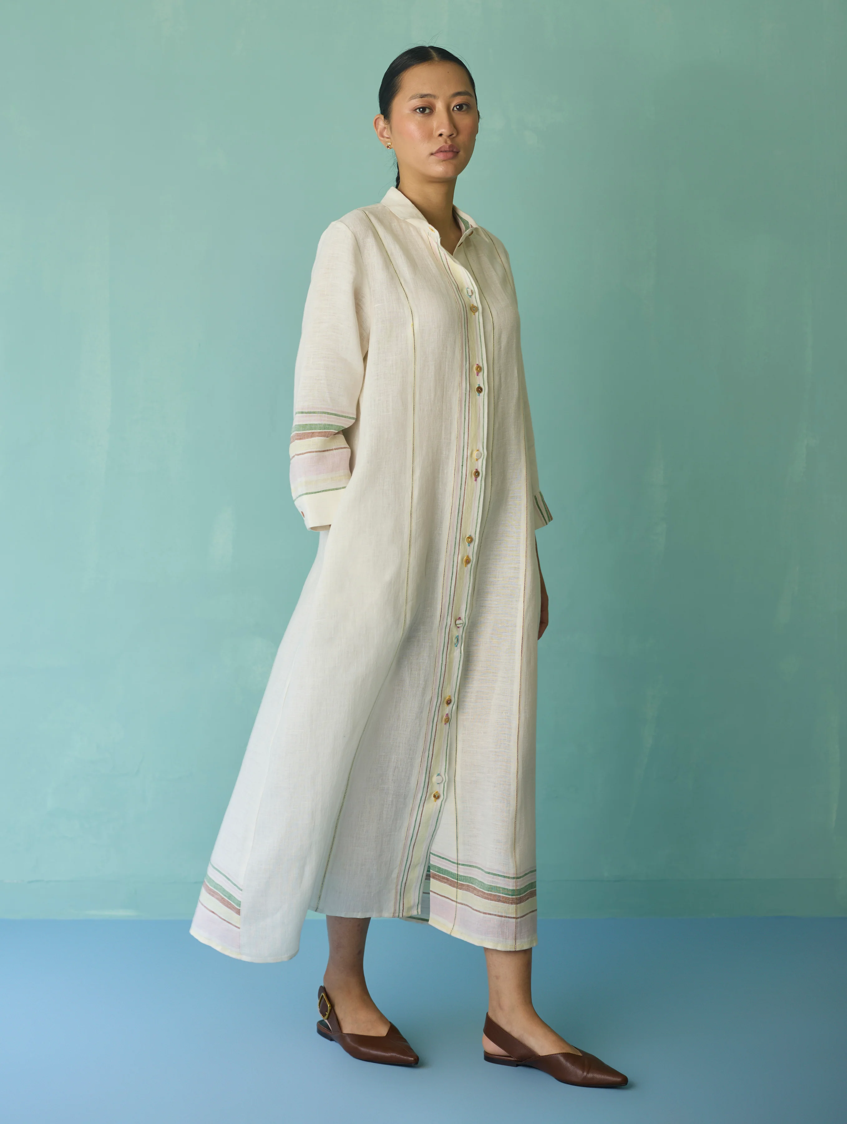Manara Paneled Border Linen Shirt Dress - Ivory - Image 8