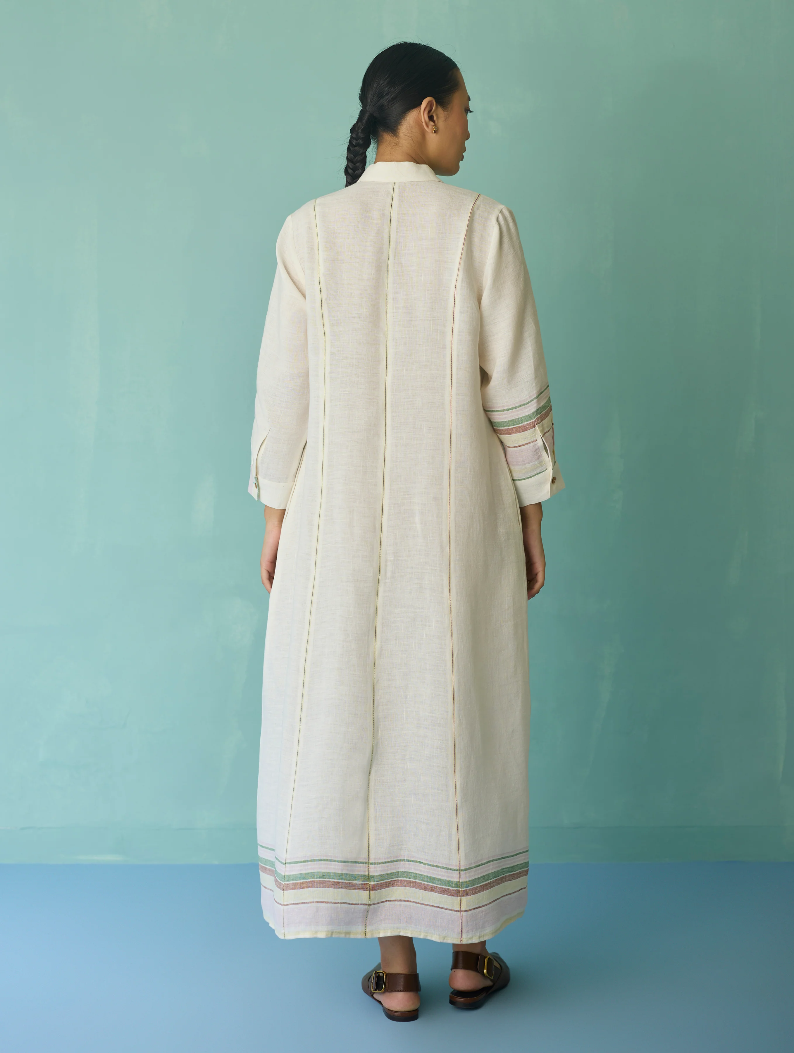 Manara Paneled Border Linen Shirt Dress - Ivory - Image 9
