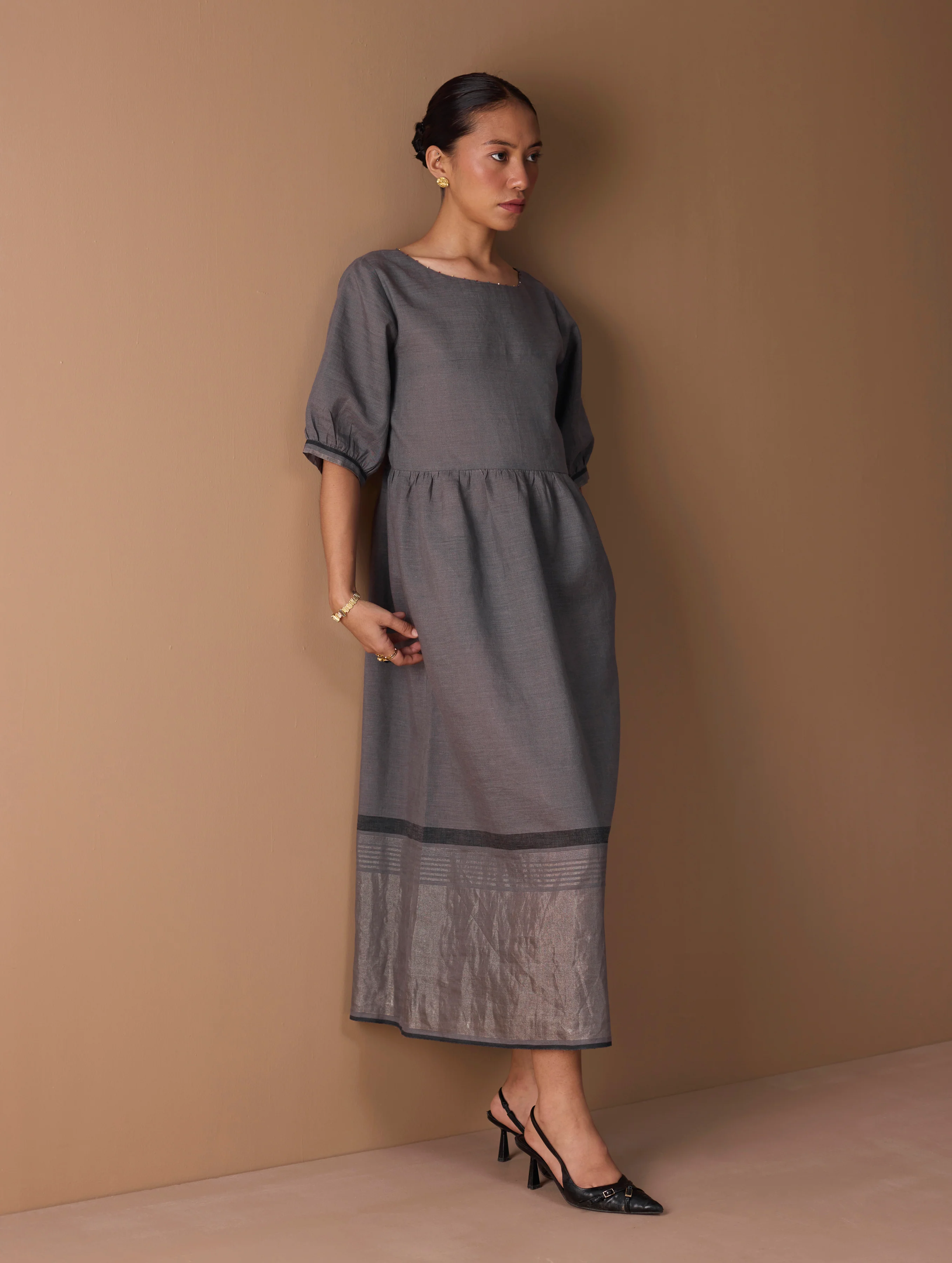 Mara Metallic Linen Gathered Dress - Metallic Grey