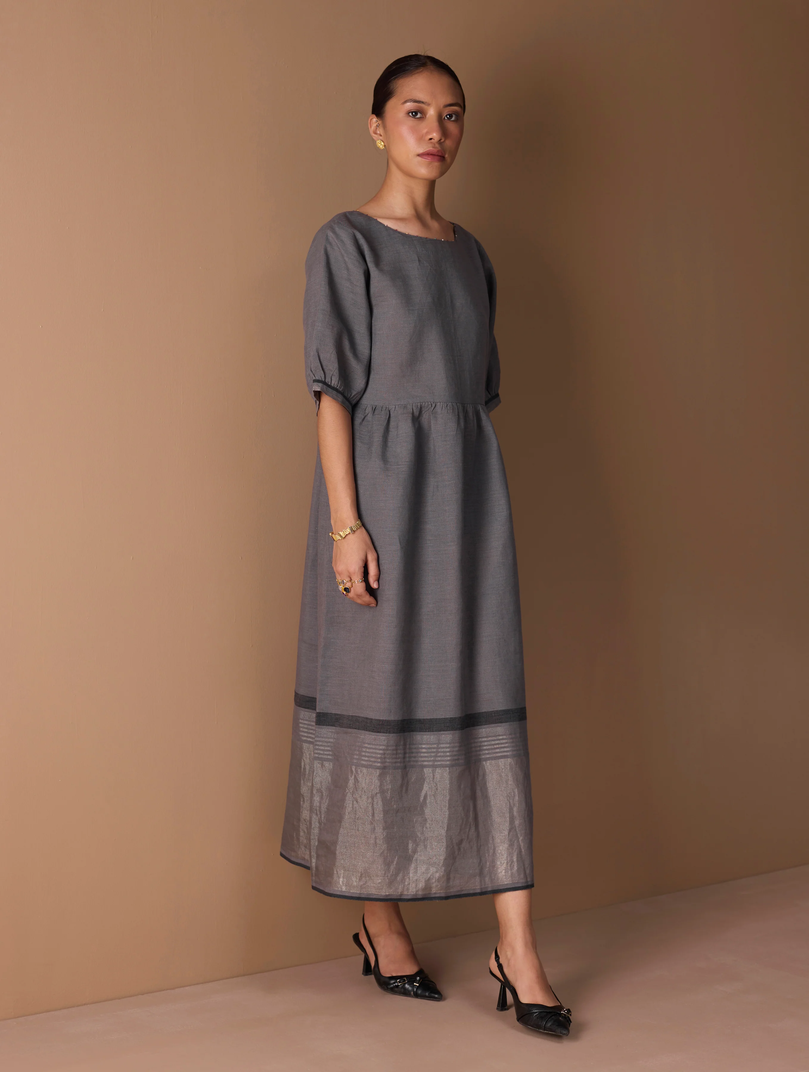 Mara Metallic Linen Gathered Dress - Metallic Grey - Image 3