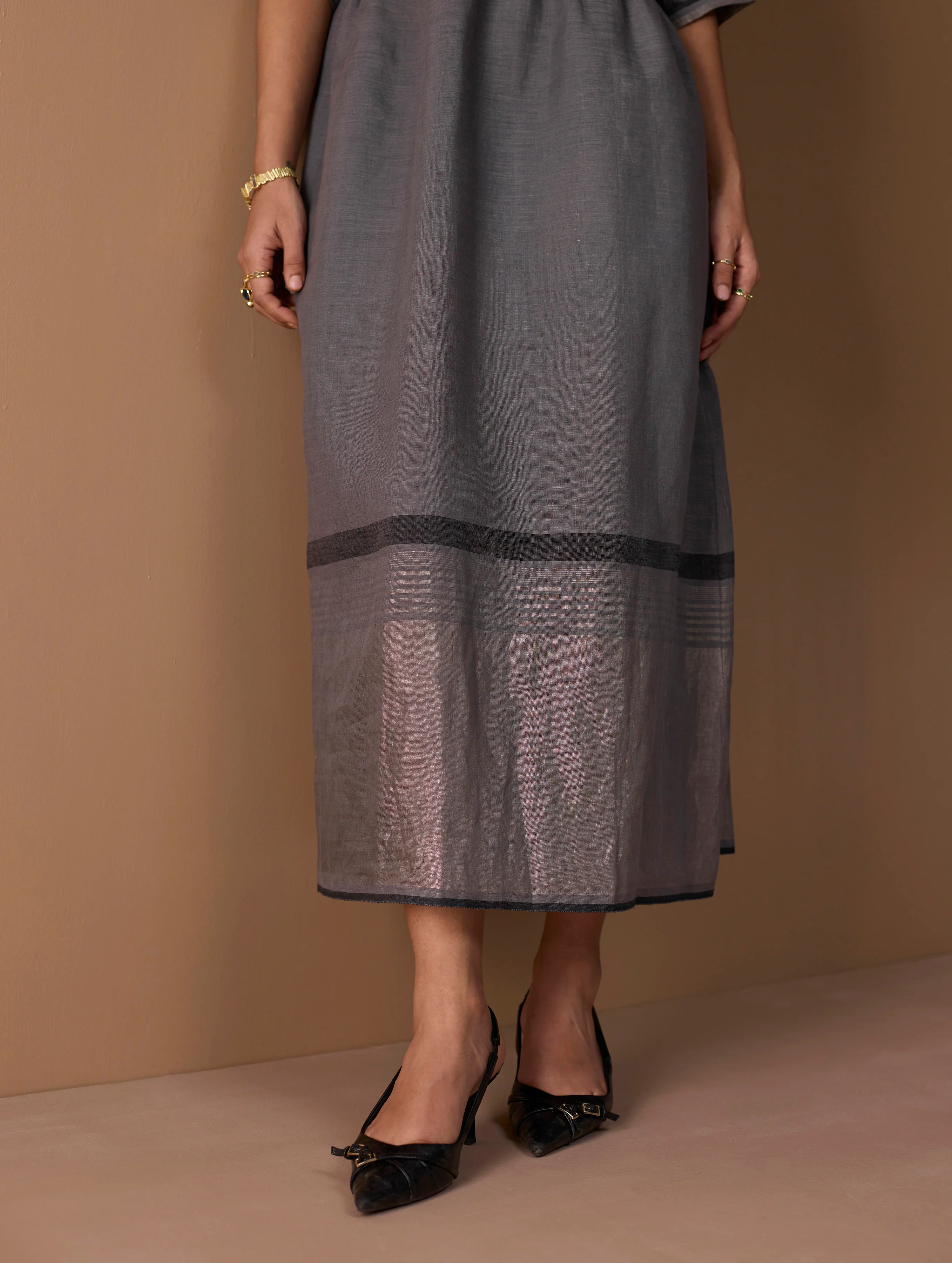 Mara Metallic Linen Gathered Dress - Metallic Grey - Image 4
