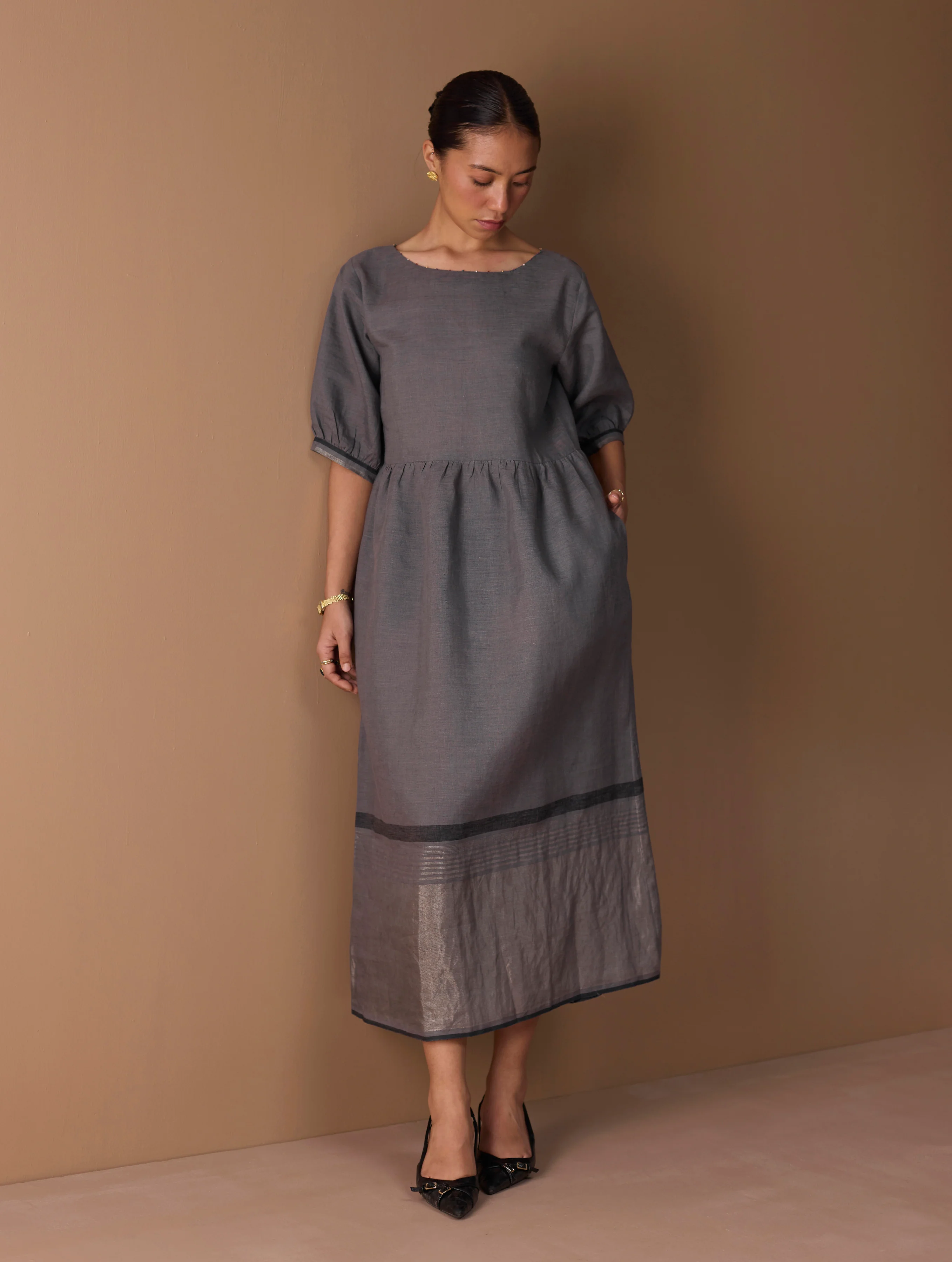 Mara Metallic Linen Gathered Dress - Metallic Grey - Image 5