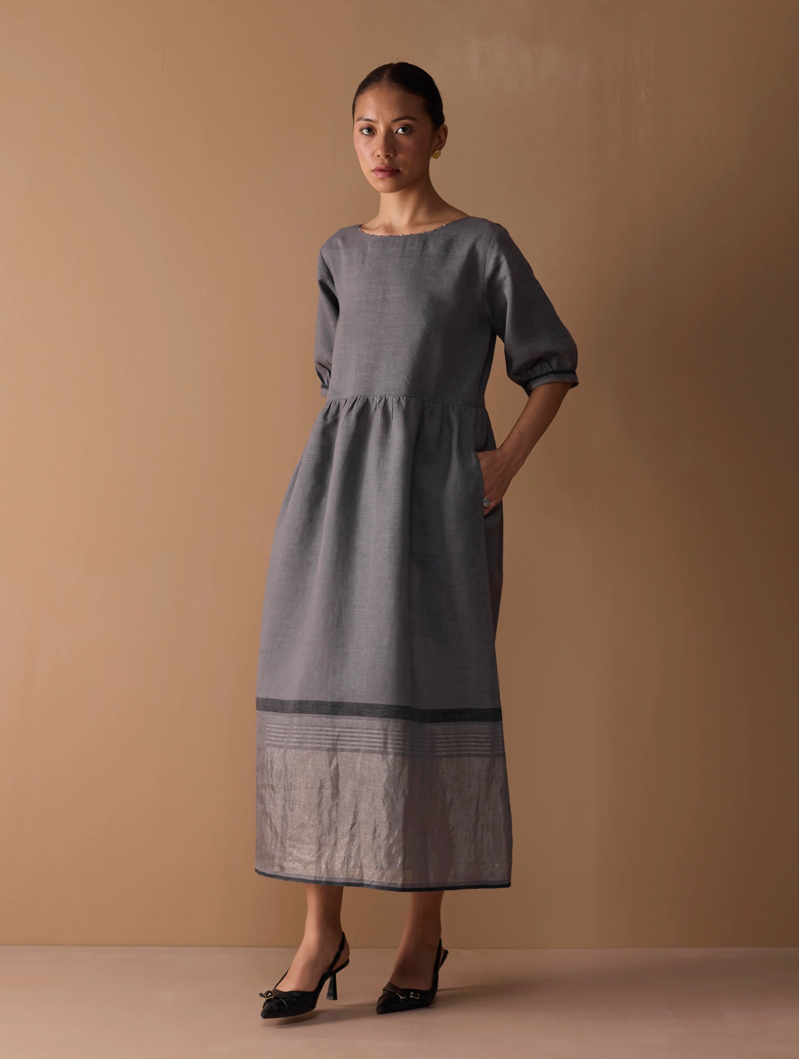 Mara Metallic Linen Gathered Dress - Metallic Grey - Image 6