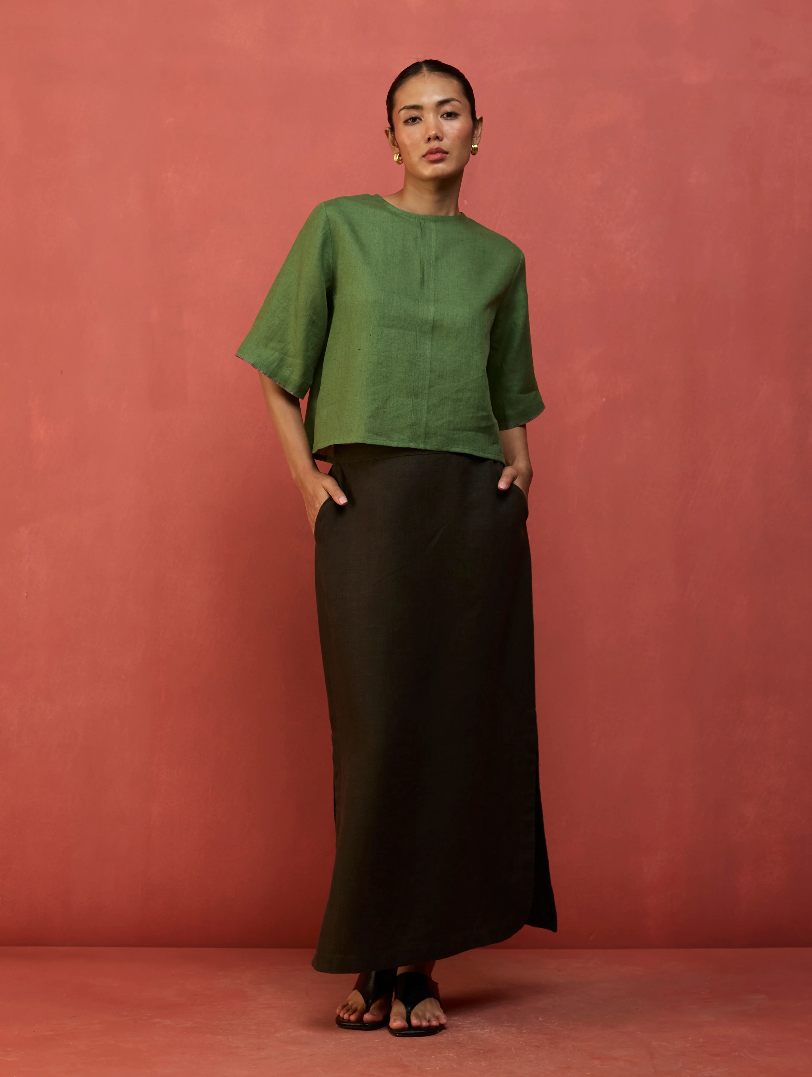 Mariko Cropped Linen Co-ord Set - Fern Green