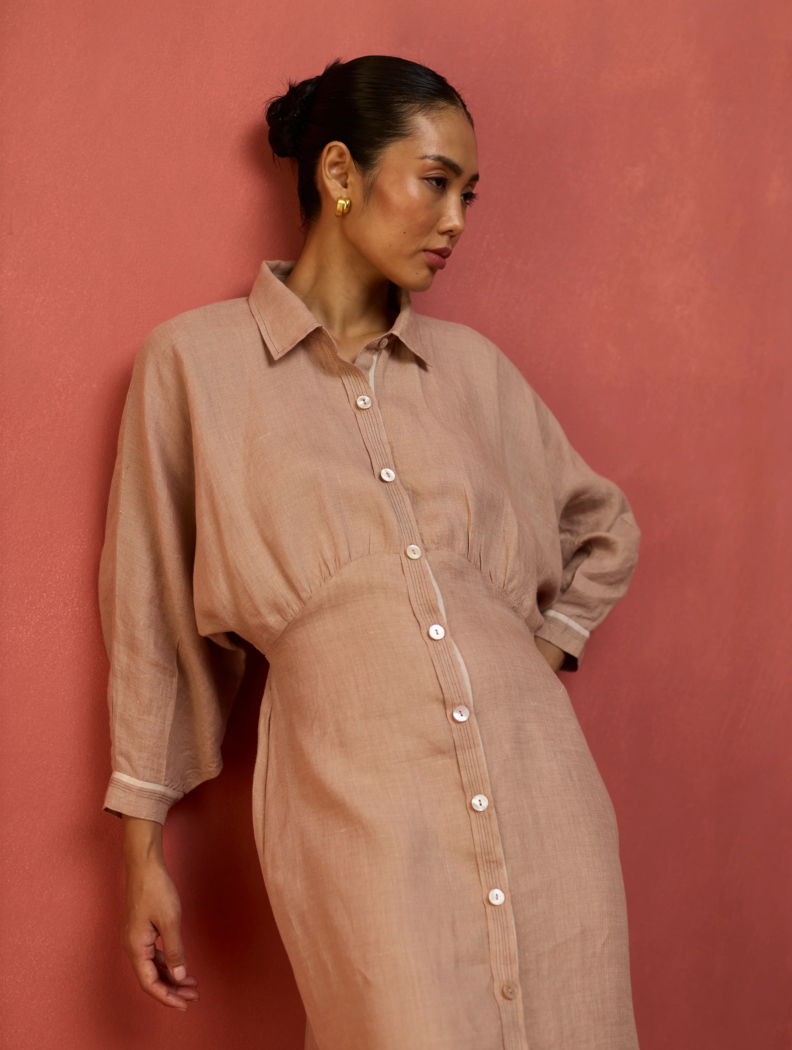 Masaru Buttoned Linen Dress - Dusty Rose - Image 3