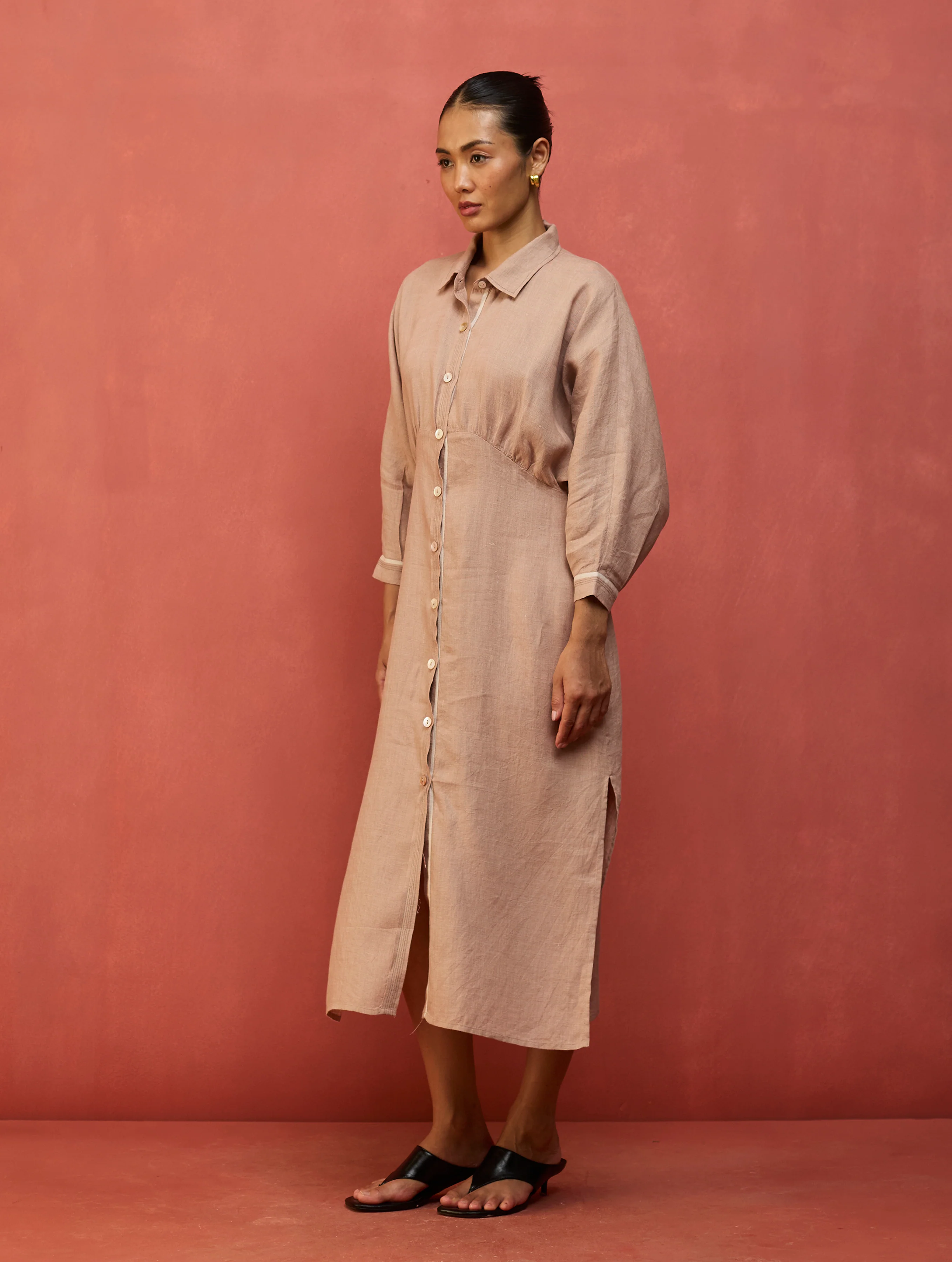 Masaru Buttoned Linen Dress - Dusty Rose - Image 5