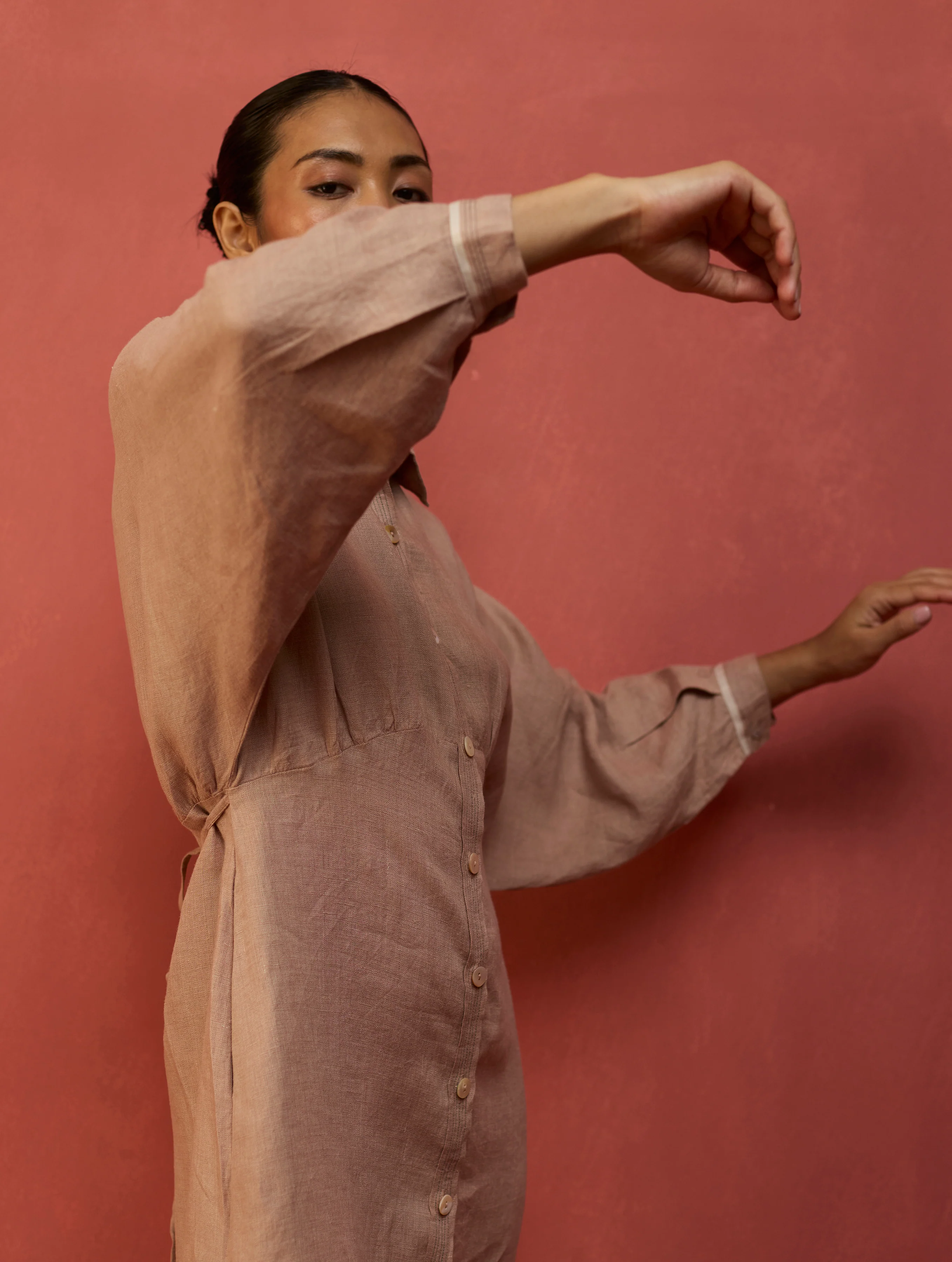 Masaru Buttoned Linen Dress - Dusty Rose - Image 6