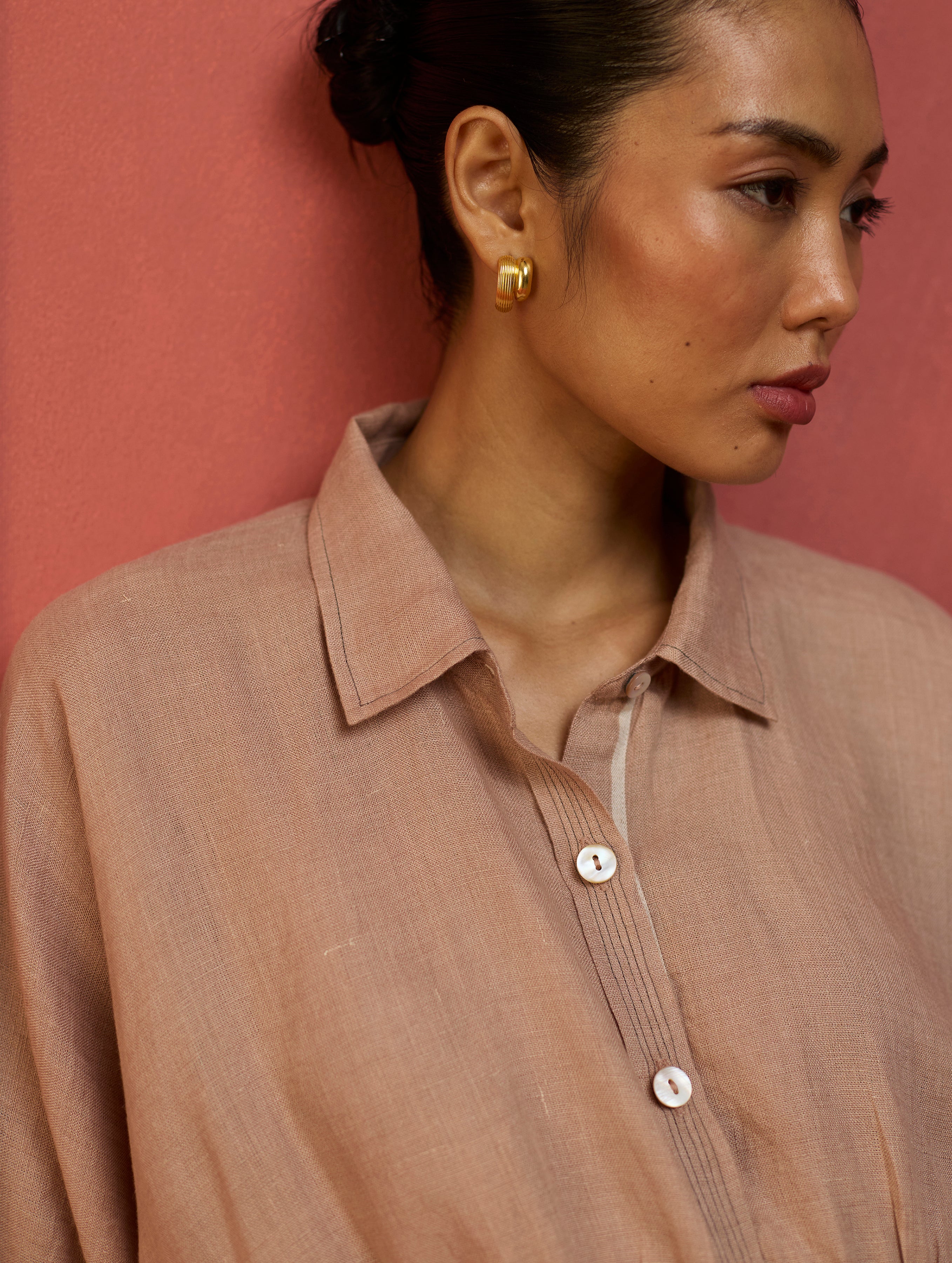 Masaru Buttoned Linen Dress - Dusty Rose - Image 8