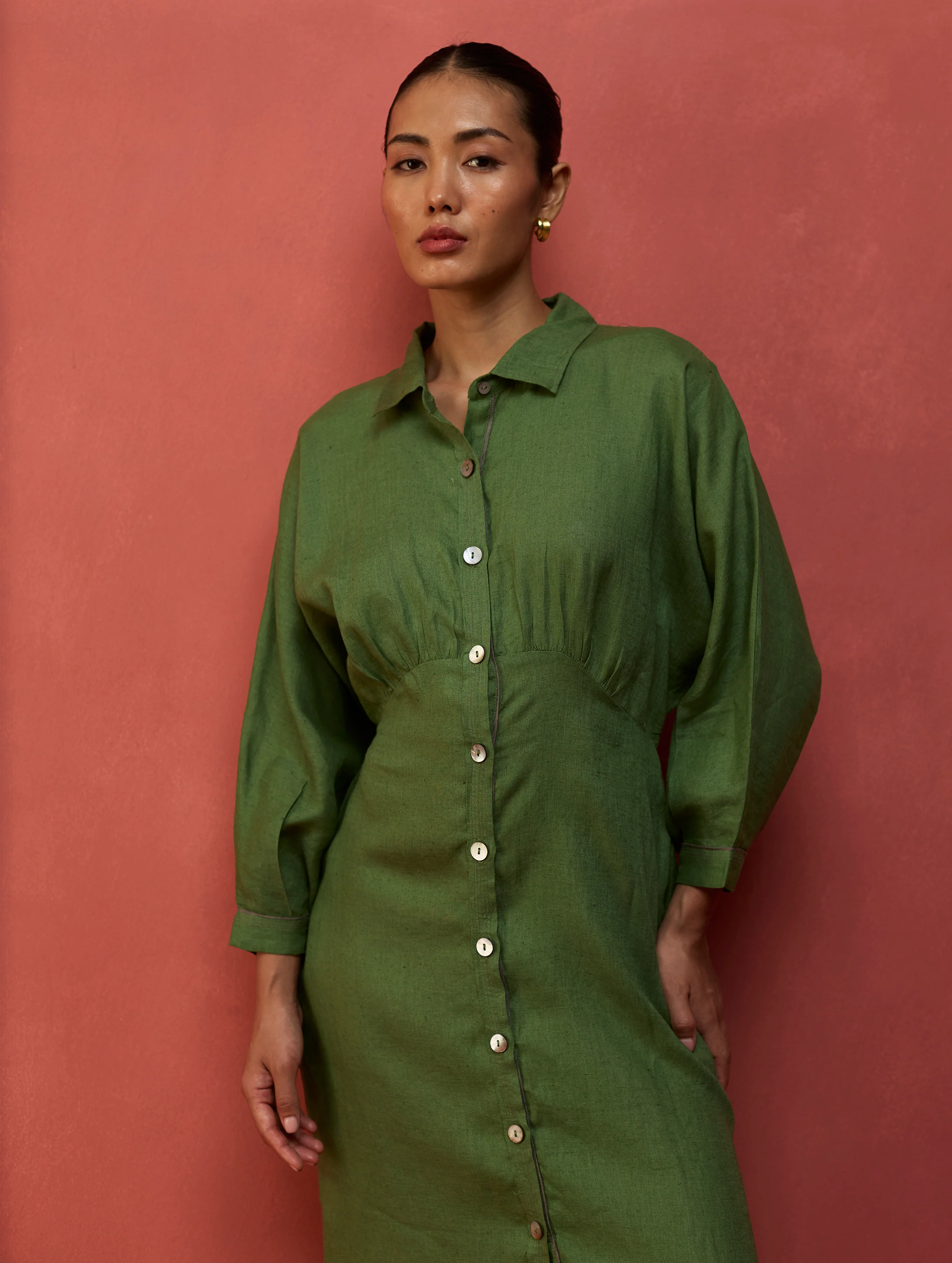 Masaru Buttoned Linen Dress - Fern Green - Image 2