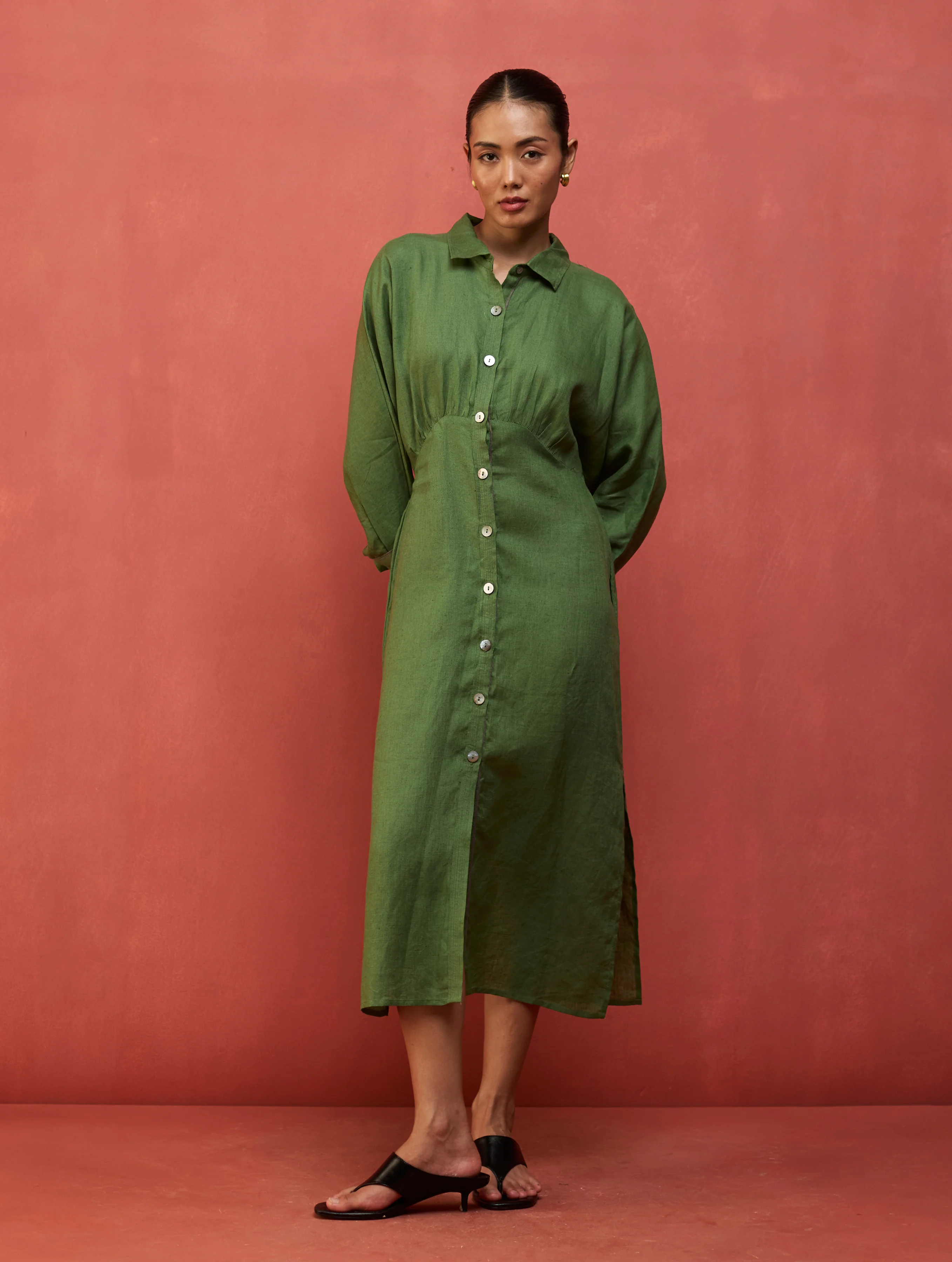 Masaru Buttoned Linen Dress - Fern Green - Image 3