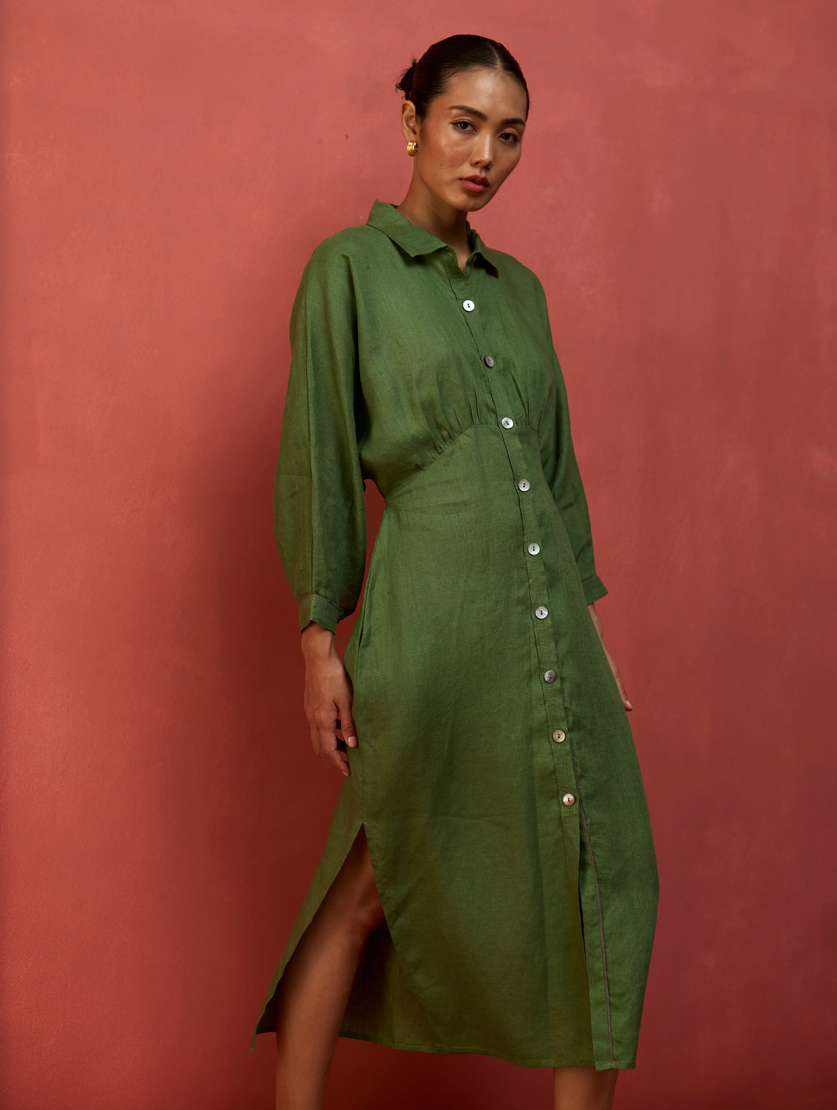 Masaru Buttoned Linen Dress - Fern Green - Image 4