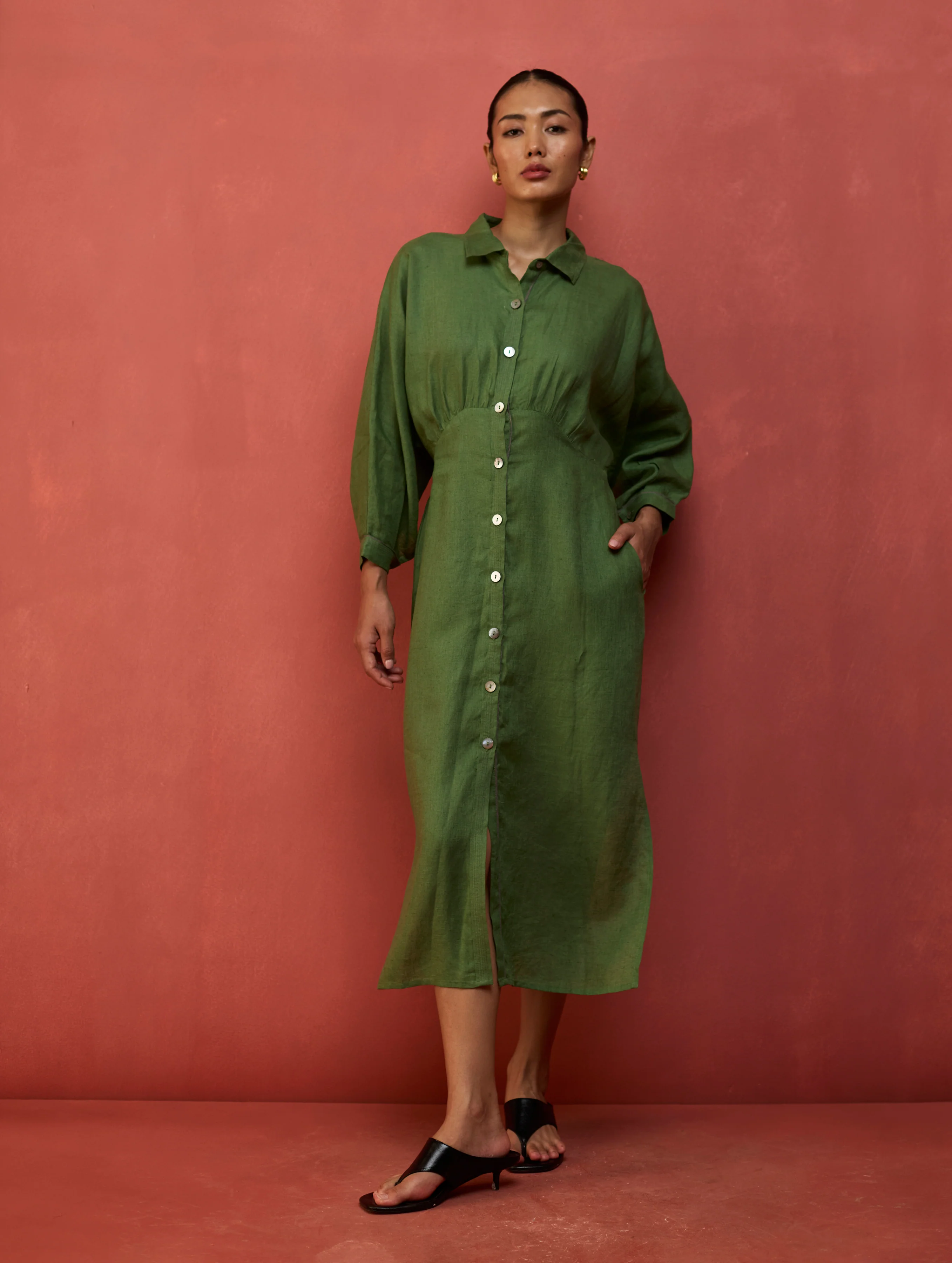 Masaru Buttoned Linen Dress - Fern Green - Image 7