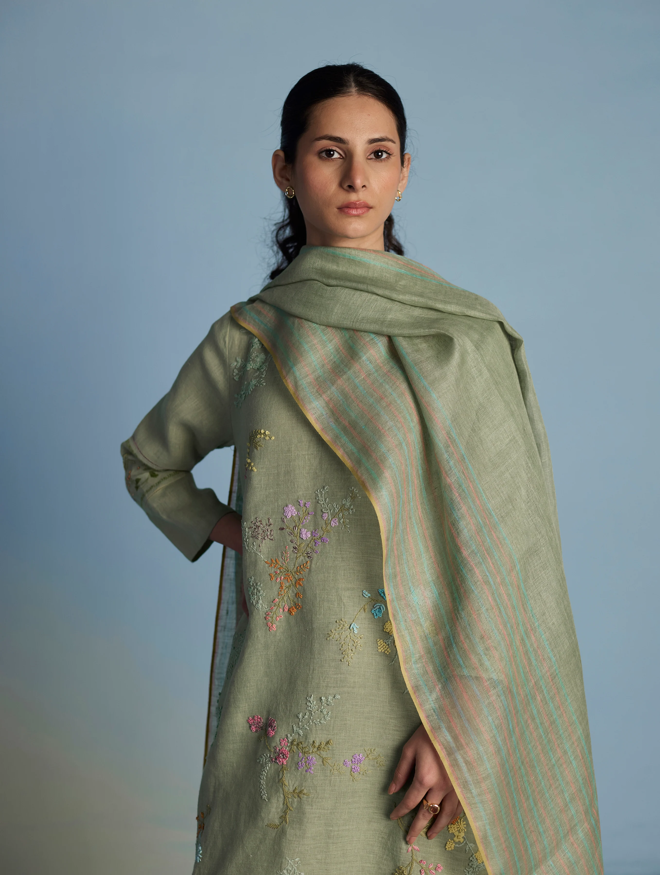 Maso Handwoven Linen Stripe Dupatta - Mint - Image 3