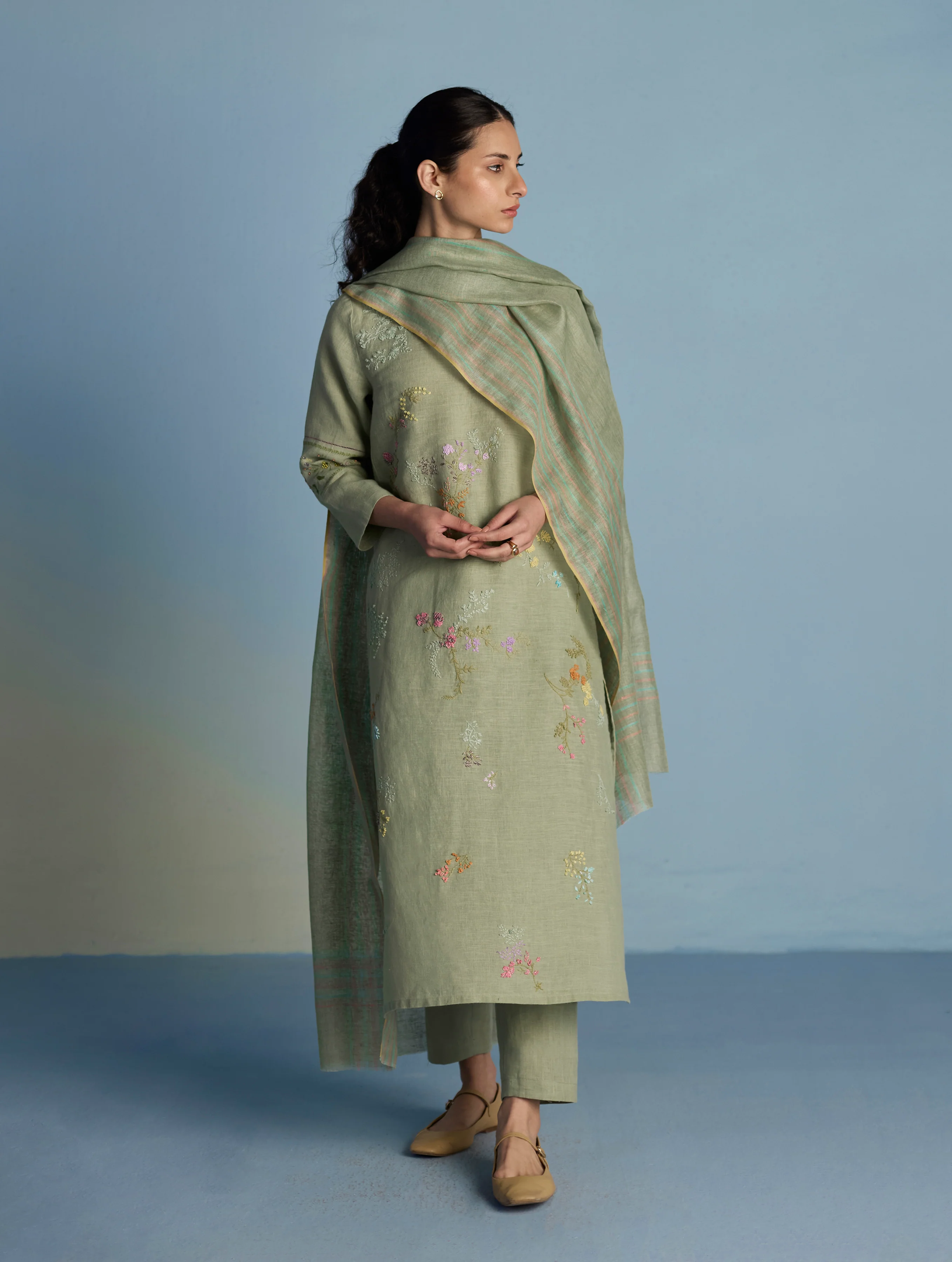 Maso Handwoven Linen Stripe Dupatta - Mint - Image 5