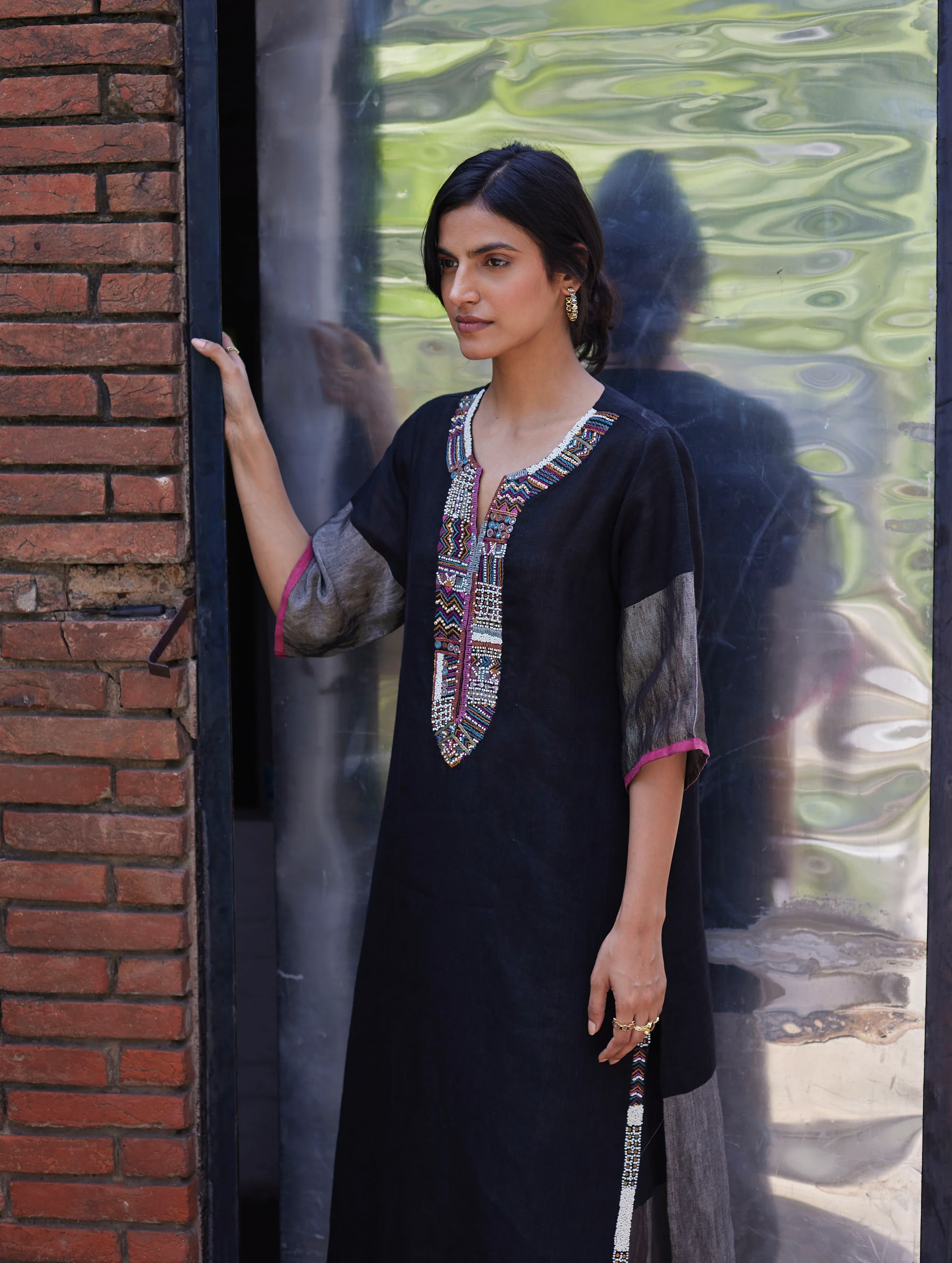 Mato Hand-Embroidered Kurta - Black - Image 2