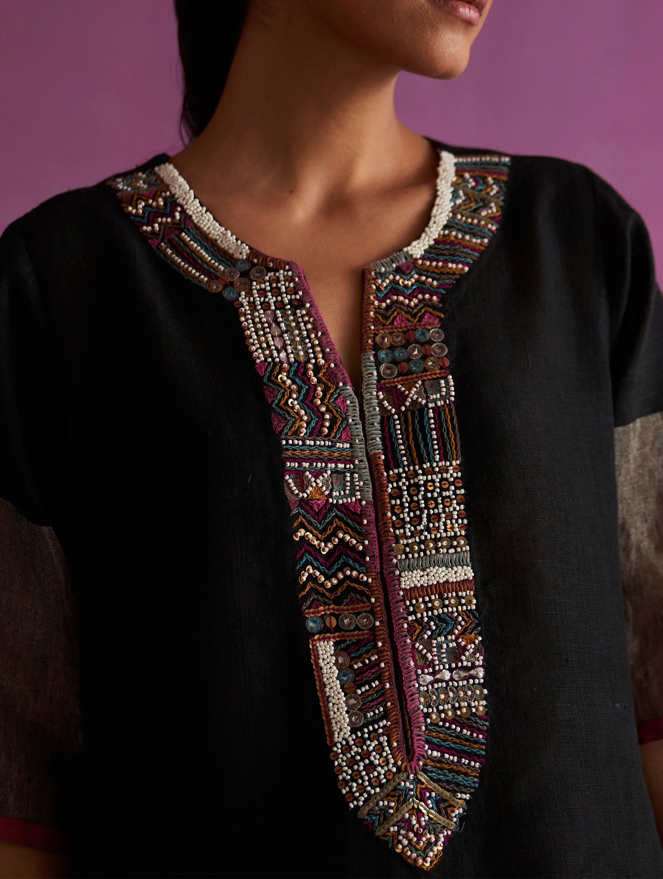 Mato Hand-Embroidered Kurta - Black - Image 5