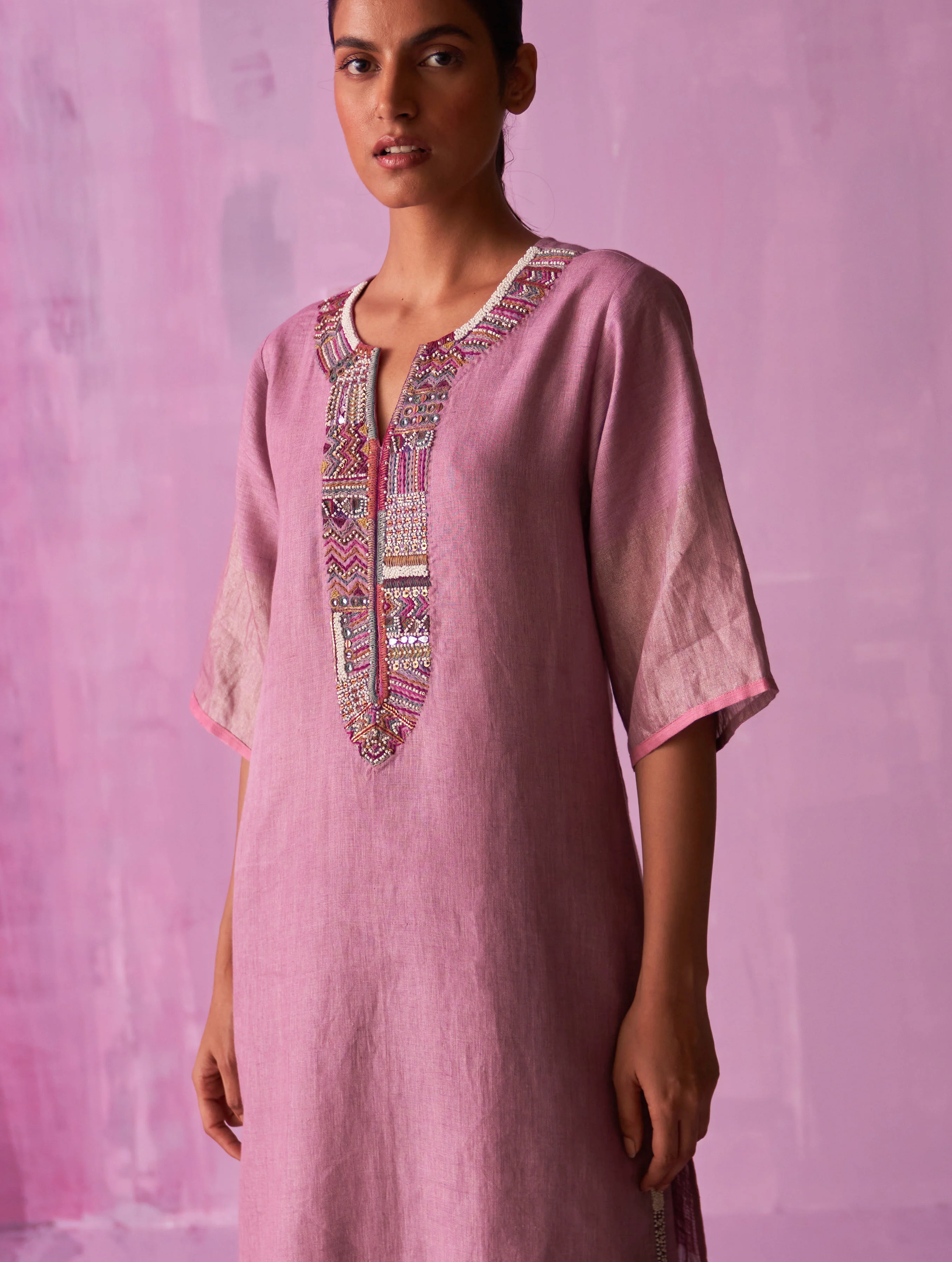 Mato Hand-Embroidered Kurta - Lavender - Image 6