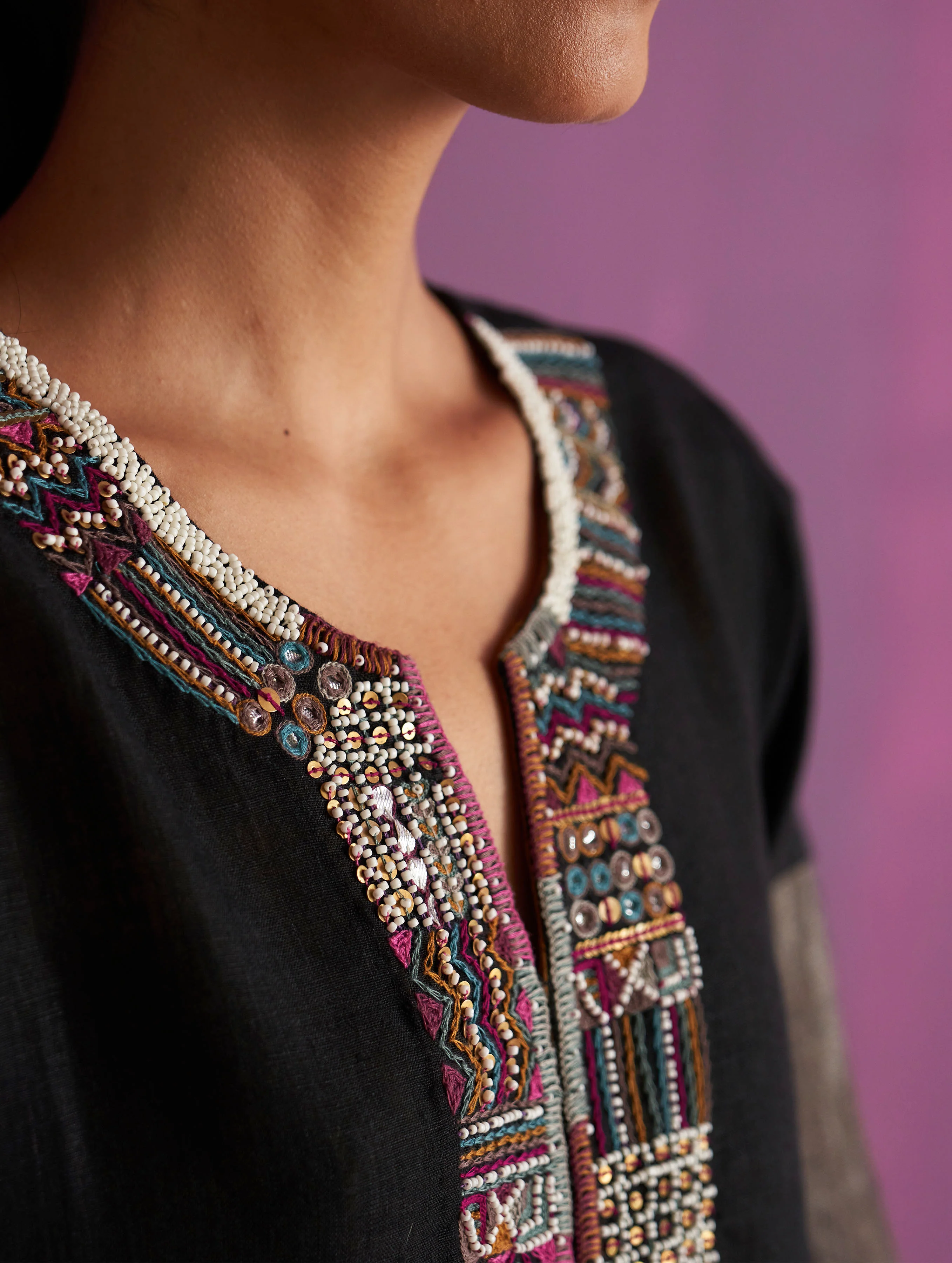 Mato Hand-Embroidered Kurta Set - Black - Image 7