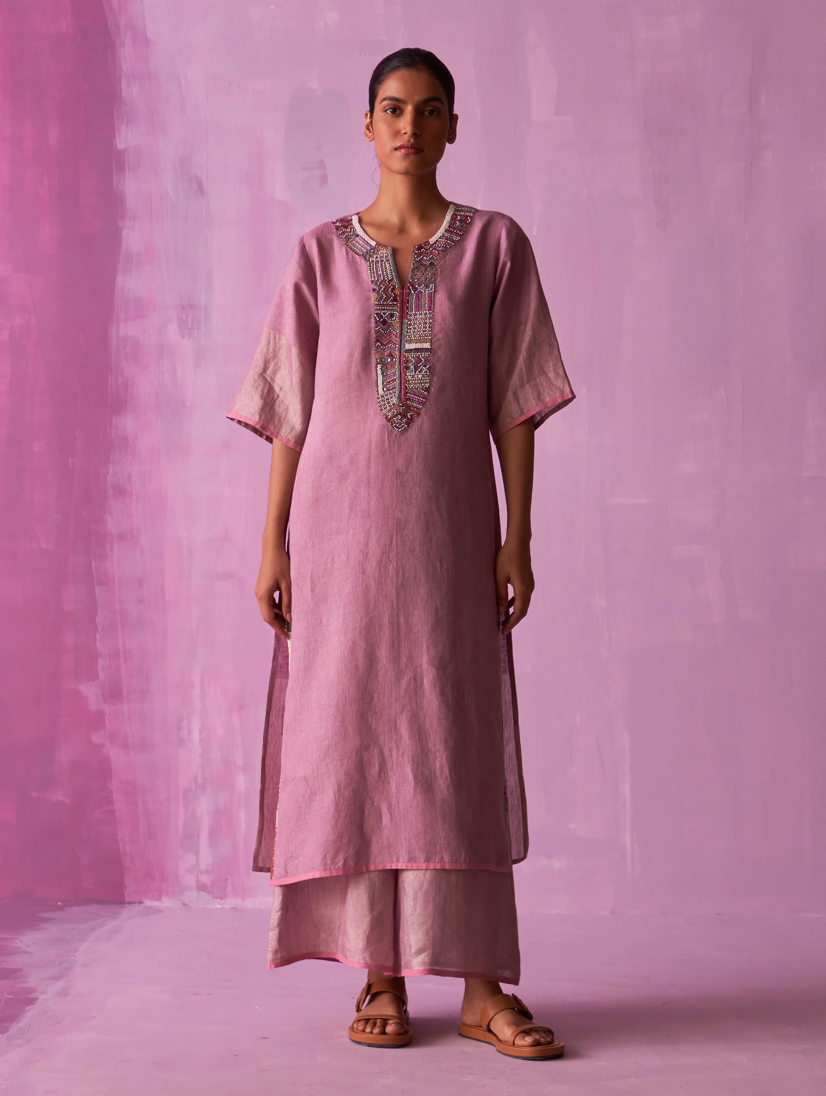 Mato Hand-Embroidered Kurta Set - Lavender - Image 2