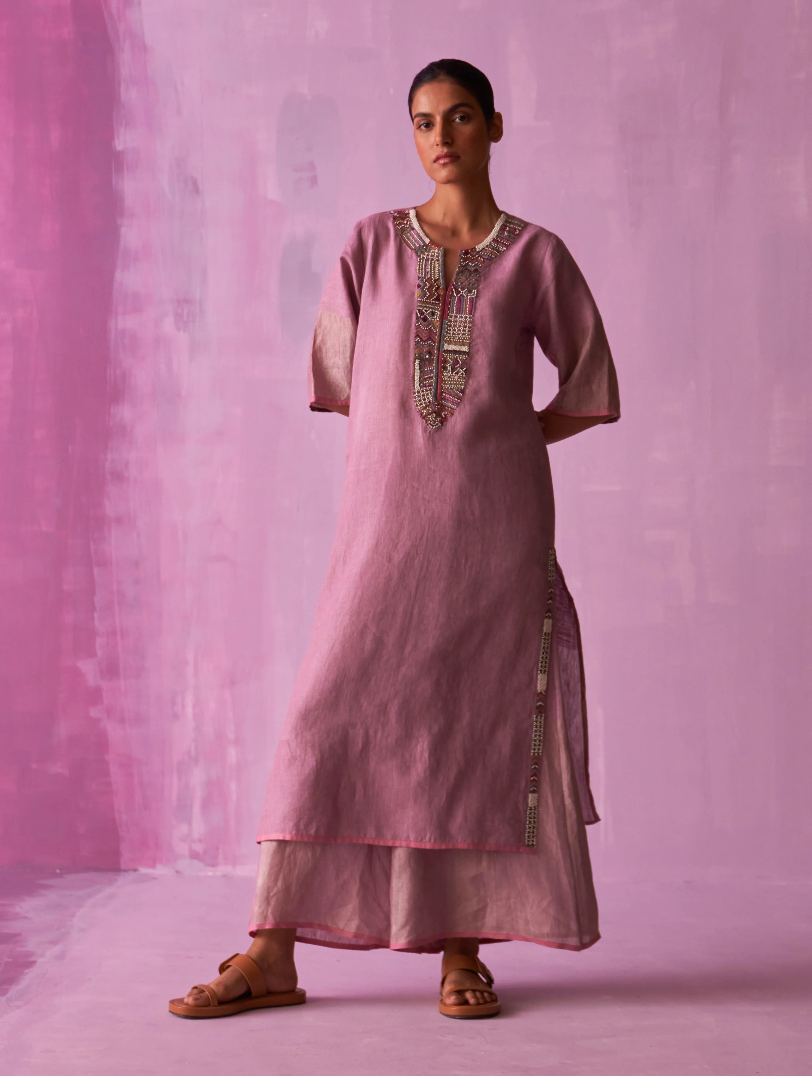Mato Hand-Embroidered Kurta Set - Lavender - Image 3