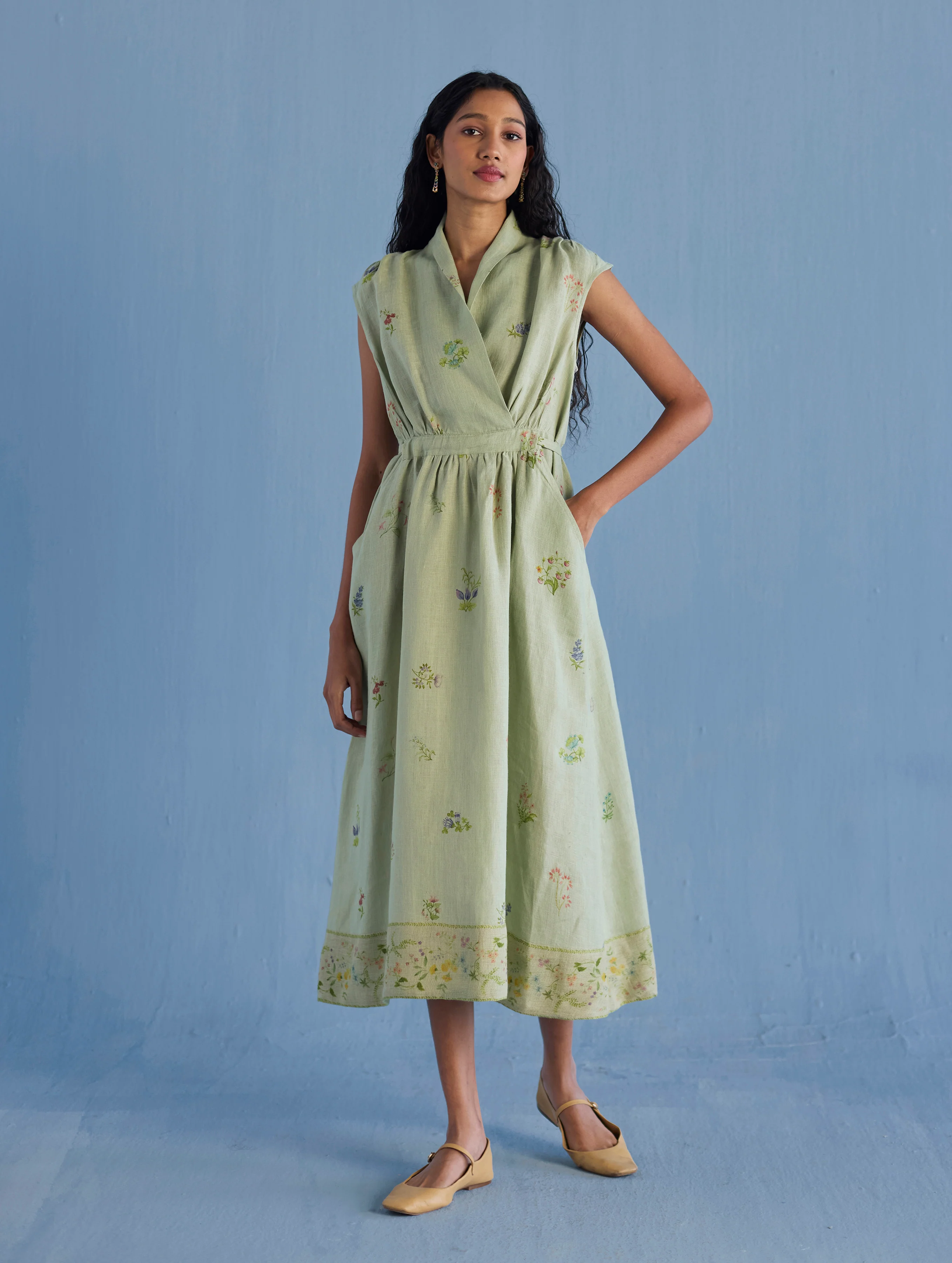 Mema Shawl Collar Printed Linen Dress - Mint - Image 3