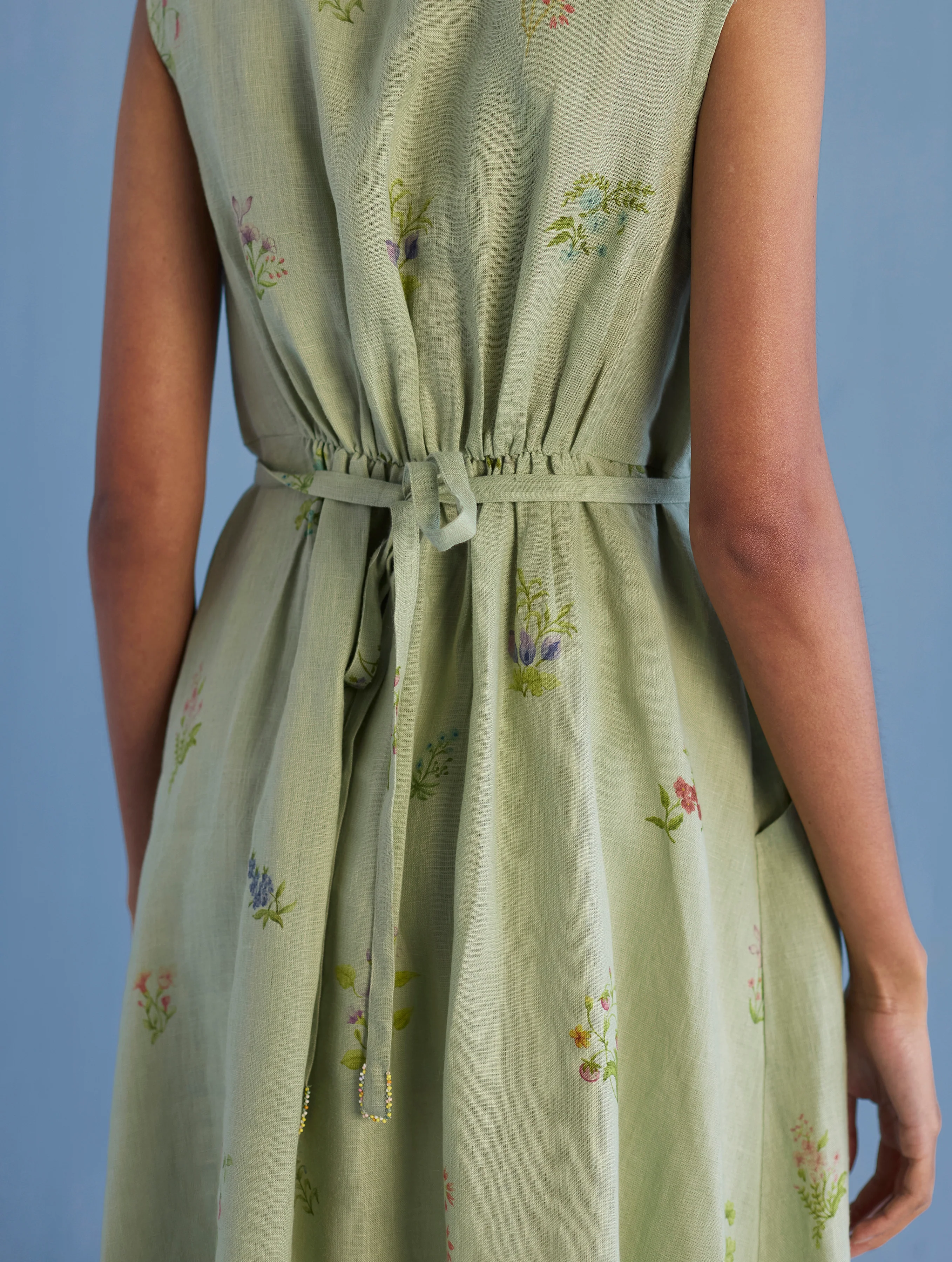 Mema Shawl Collar Printed Linen Dress - Mint - Image 4