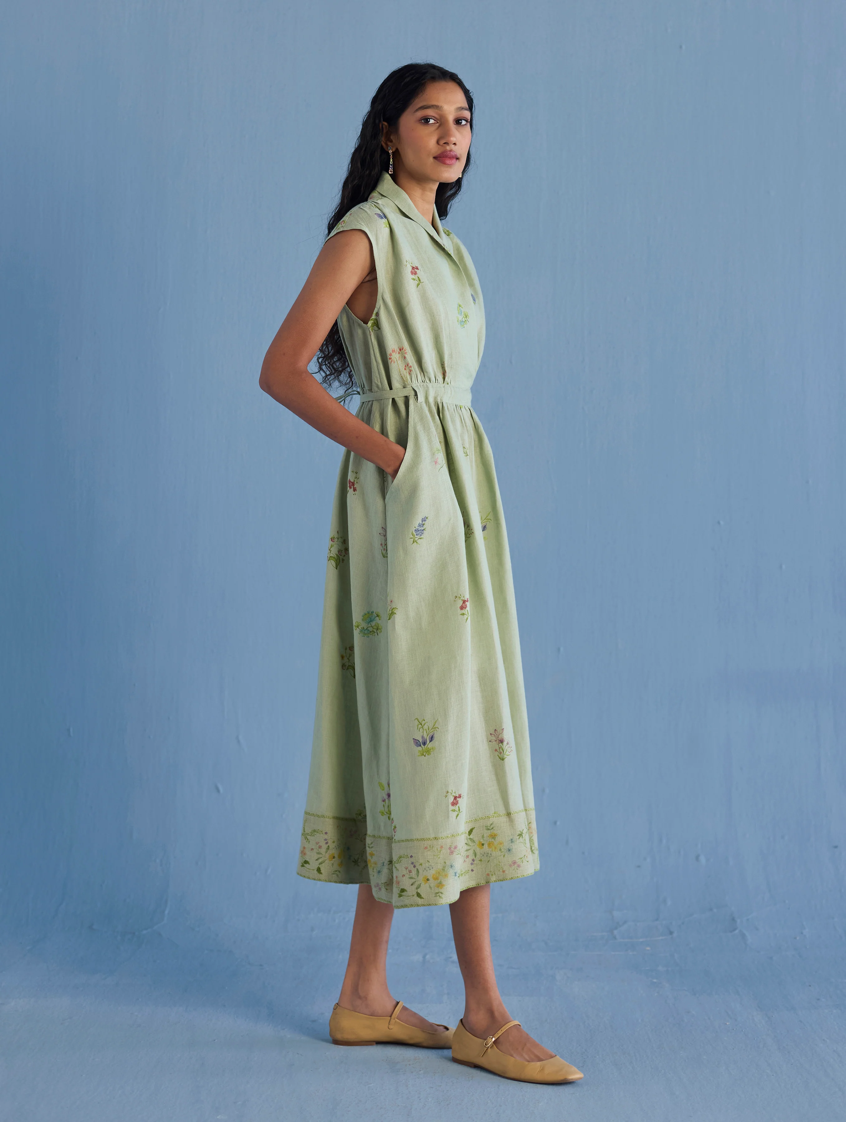 Mema Shawl Collar Printed Linen Dress - Mint - Image 5